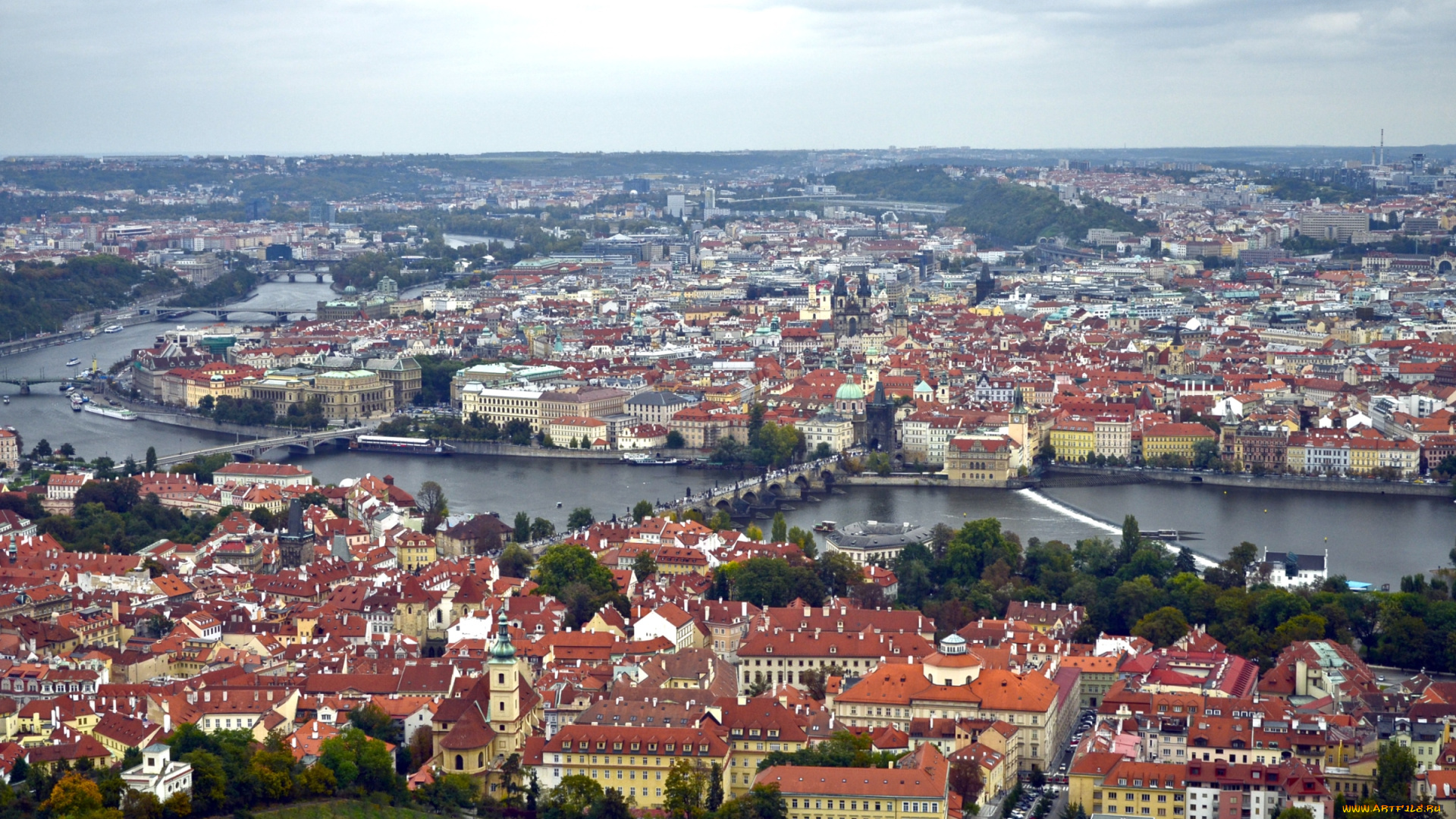 города, прага, Чехия, крыши, мост, река, панорама