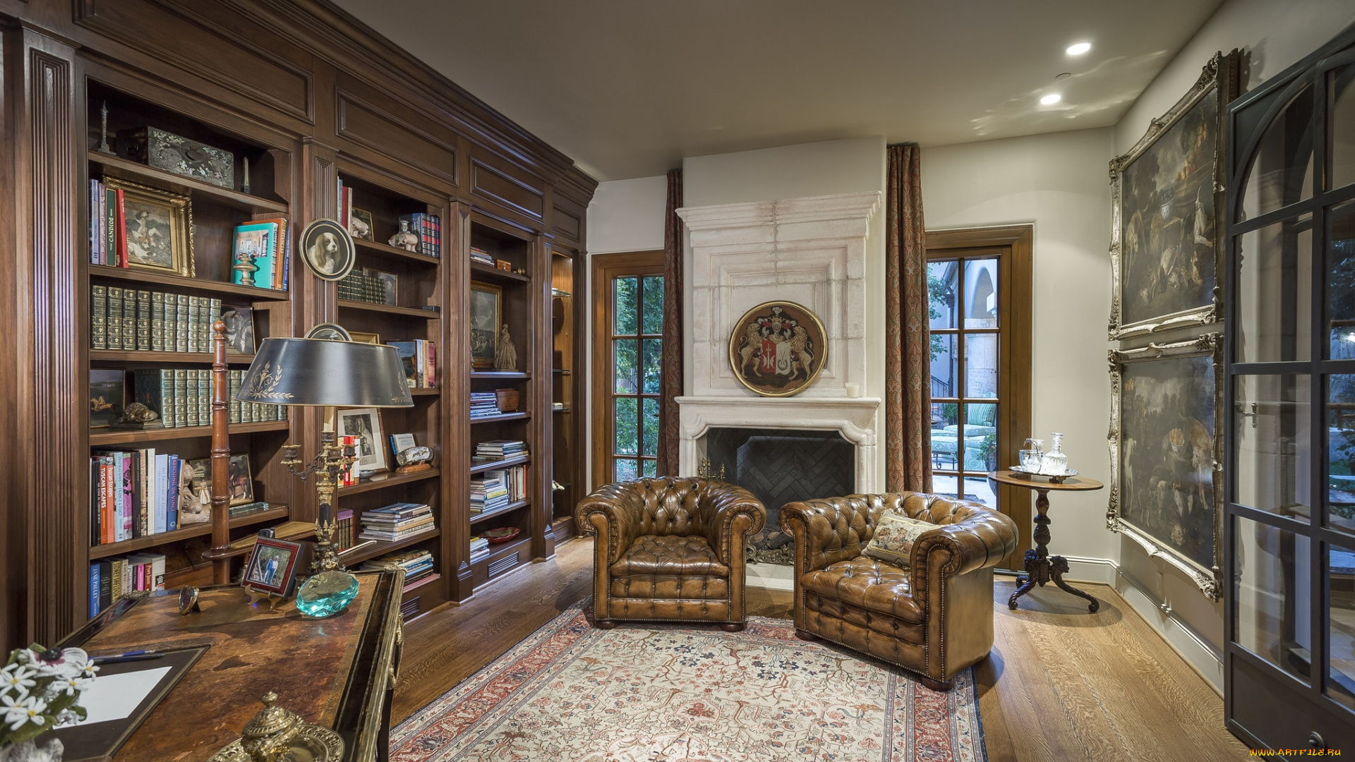 интерьер, кабинет, , библиотека, , офис, кресла, шкафы, камин