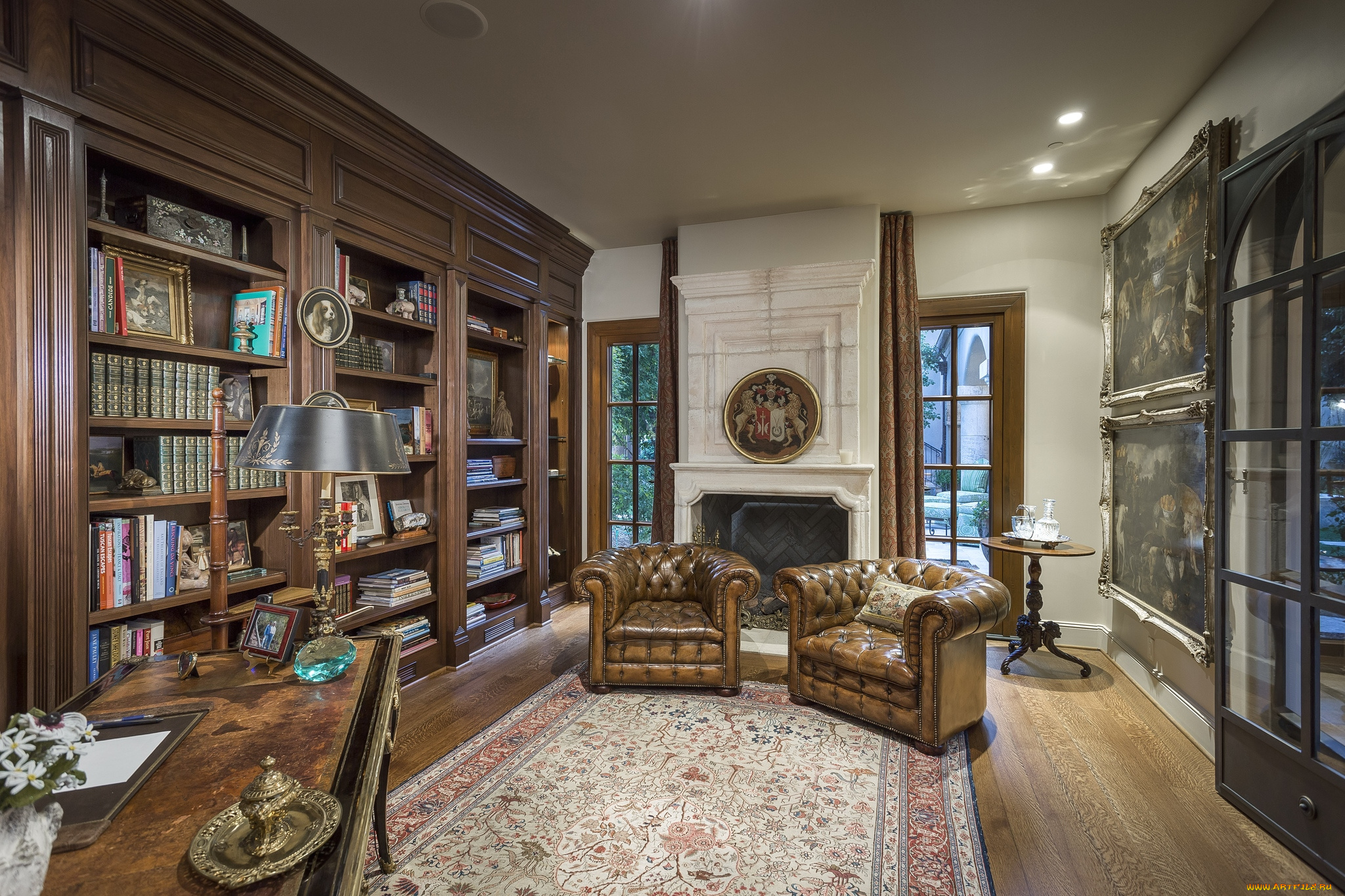 интерьер, кабинет, , библиотека, , офис, кресла, шкафы, камин