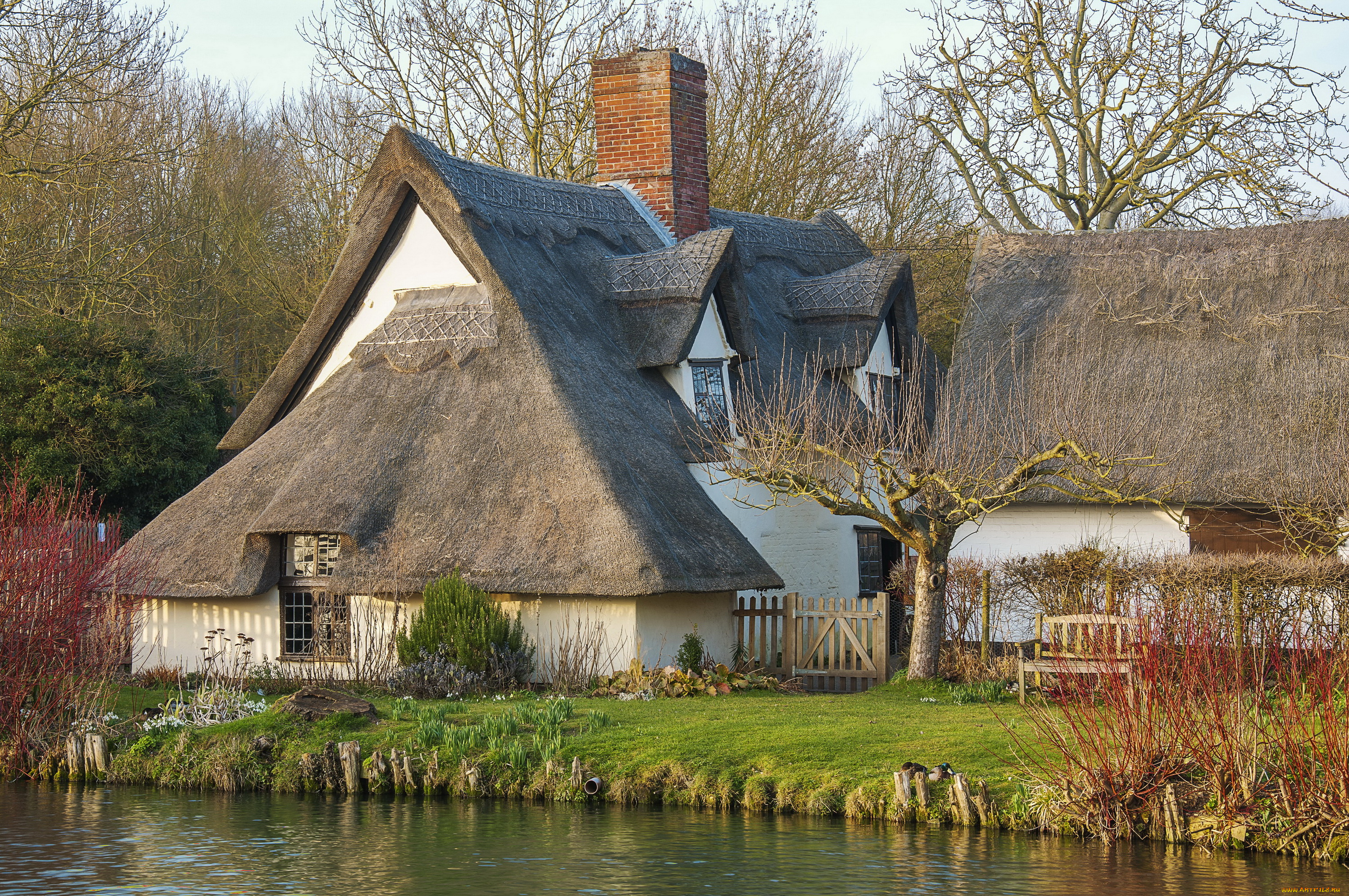 east, bergholt, , england, города, -, здания, , дома, англия, деревья, дом, река, скамейки