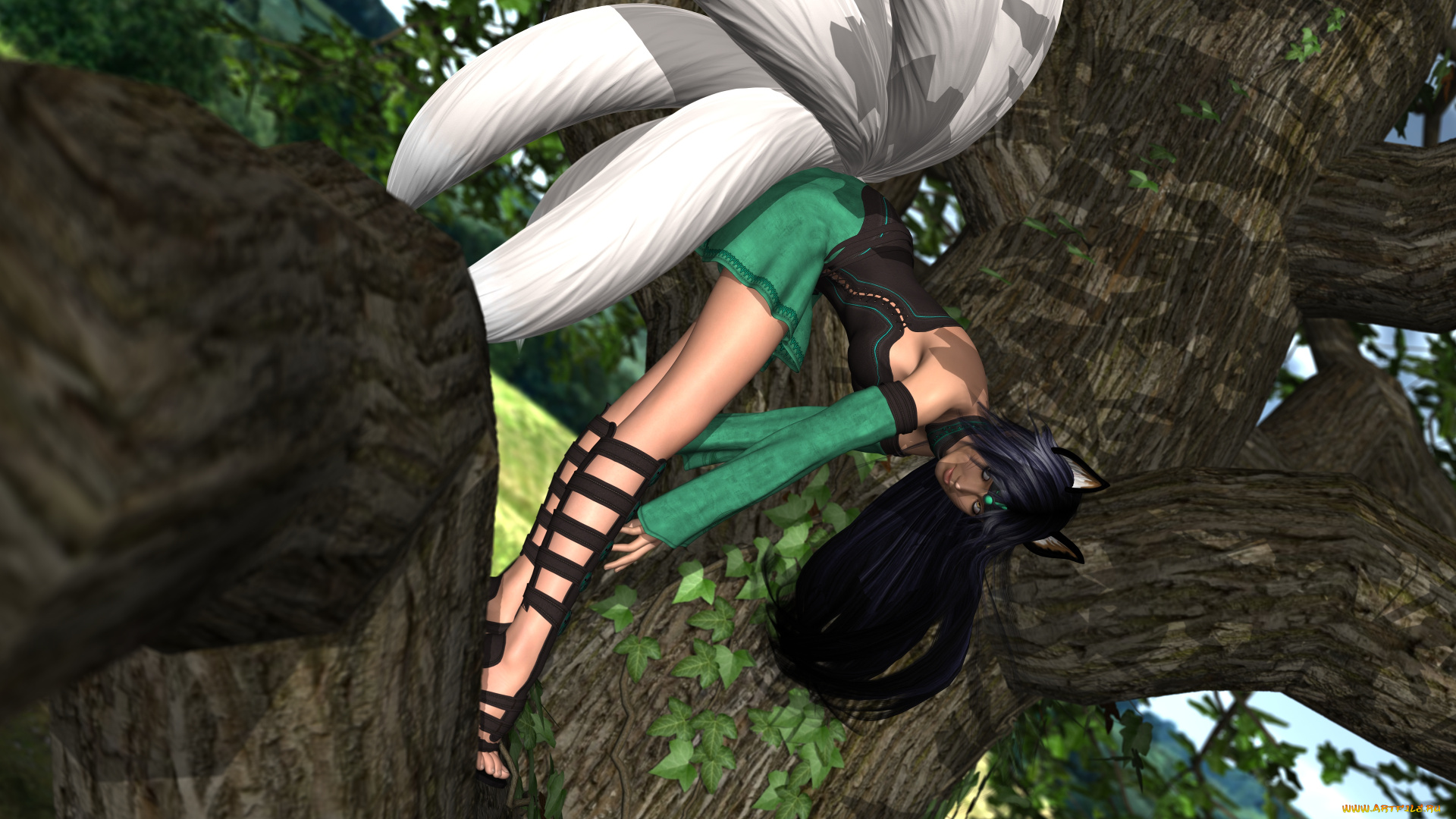 3д, графика, фантазия, , fantasy, лиса, деревья, взгляд, девушка