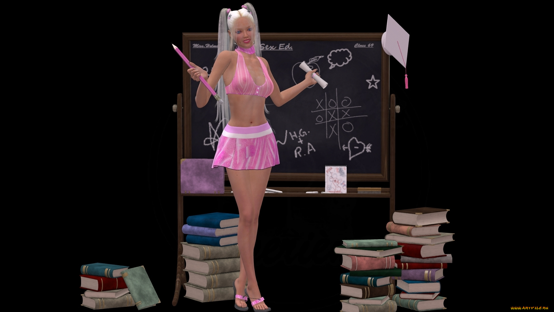 3д, графика, люди, , people, девушка, улыбка, юбка, блондинка, фон, взгляд, доска, книги