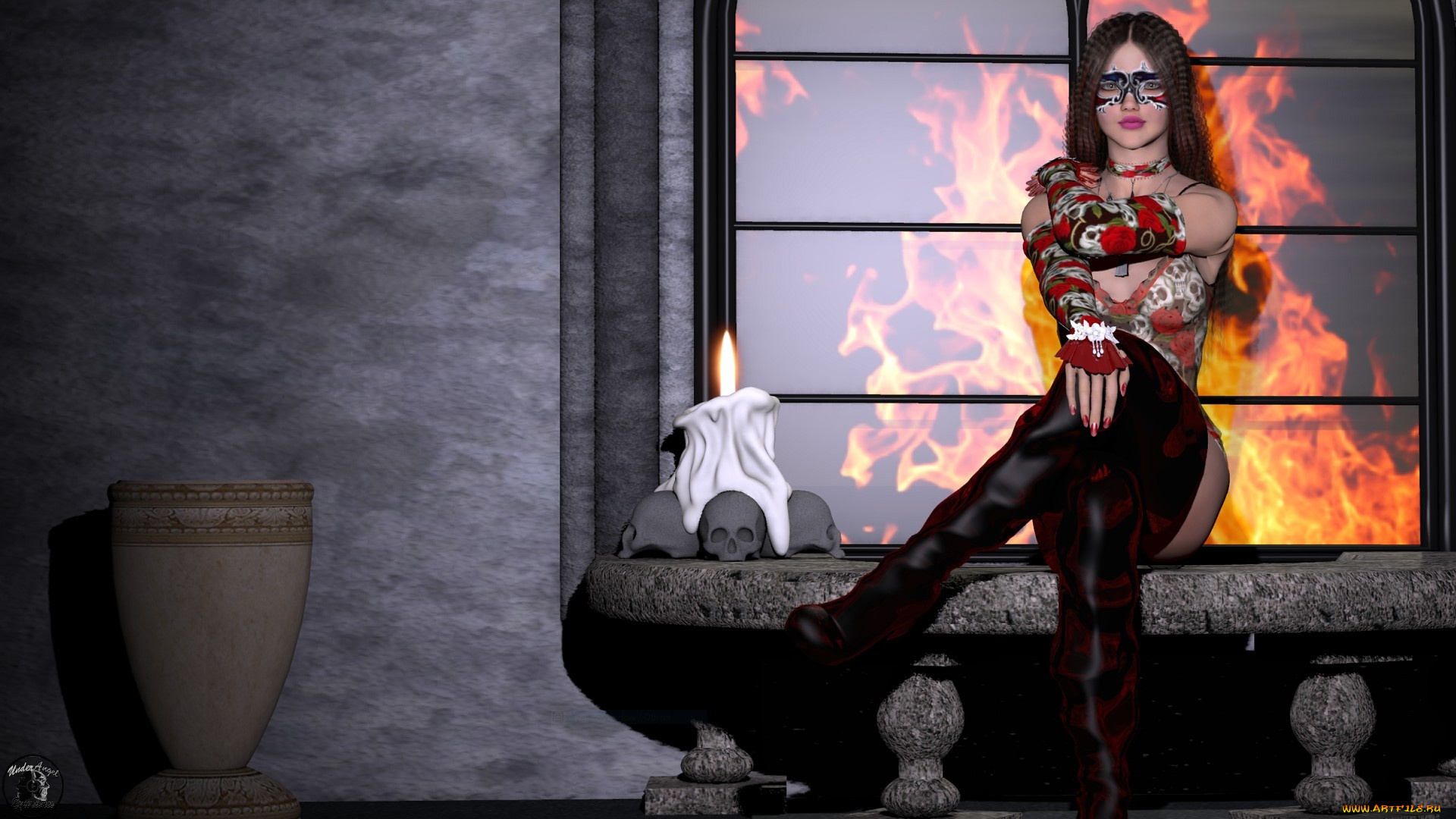 3д, графика, люди, , people, девушка, взгляд, фон, черепа, окно, свеча, очки