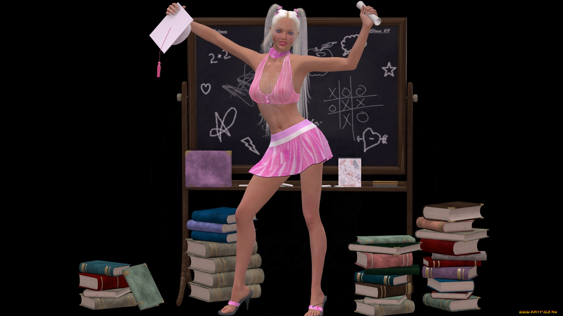 3д, графика, люди, , people, доска, юбка, взгляд, девушка, улыбка, книги, блондинка, фон
