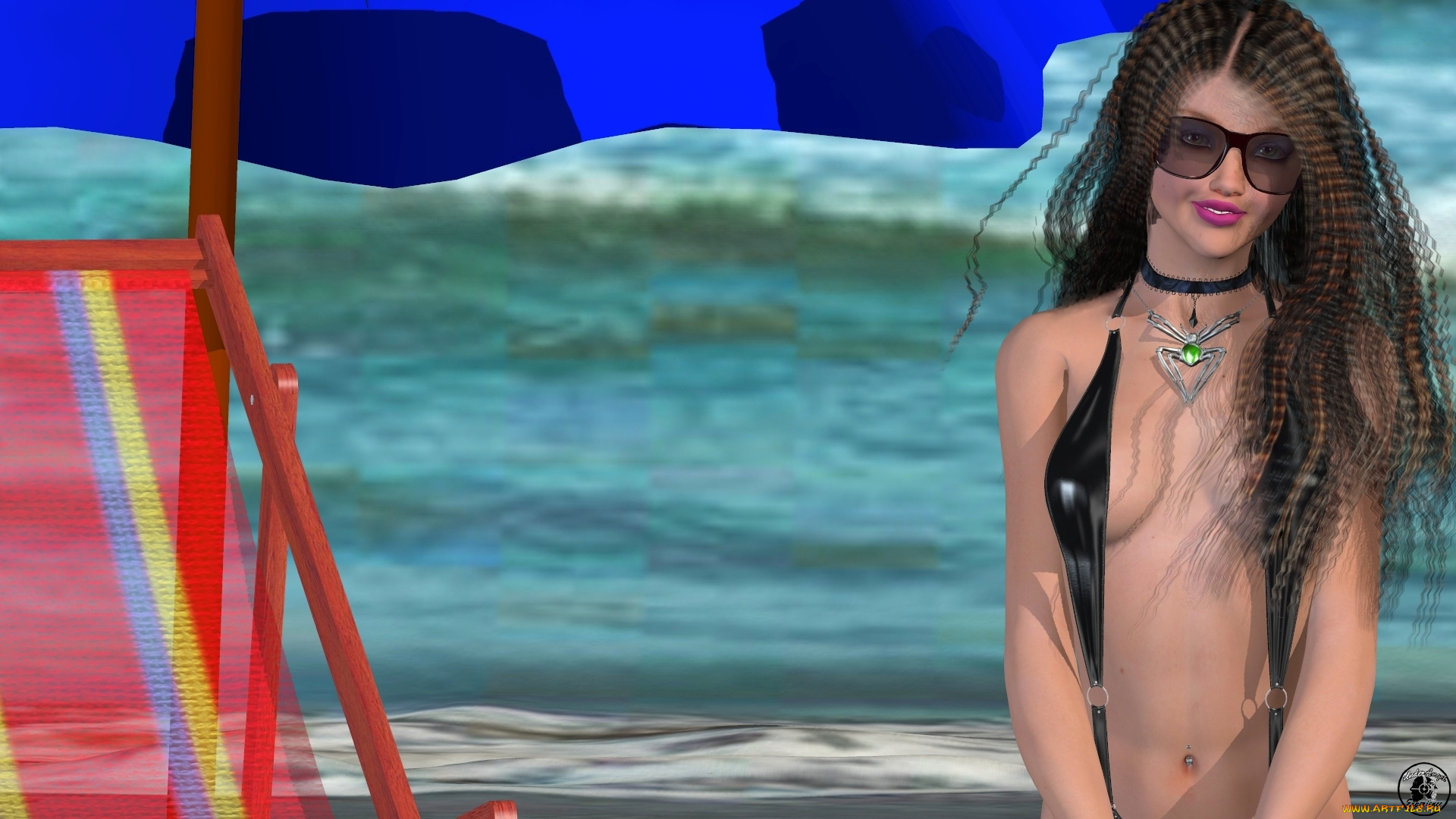 3д, графика, люди, , people, море, зонтик, улыбка, девушка, взгляд, фон, бикини