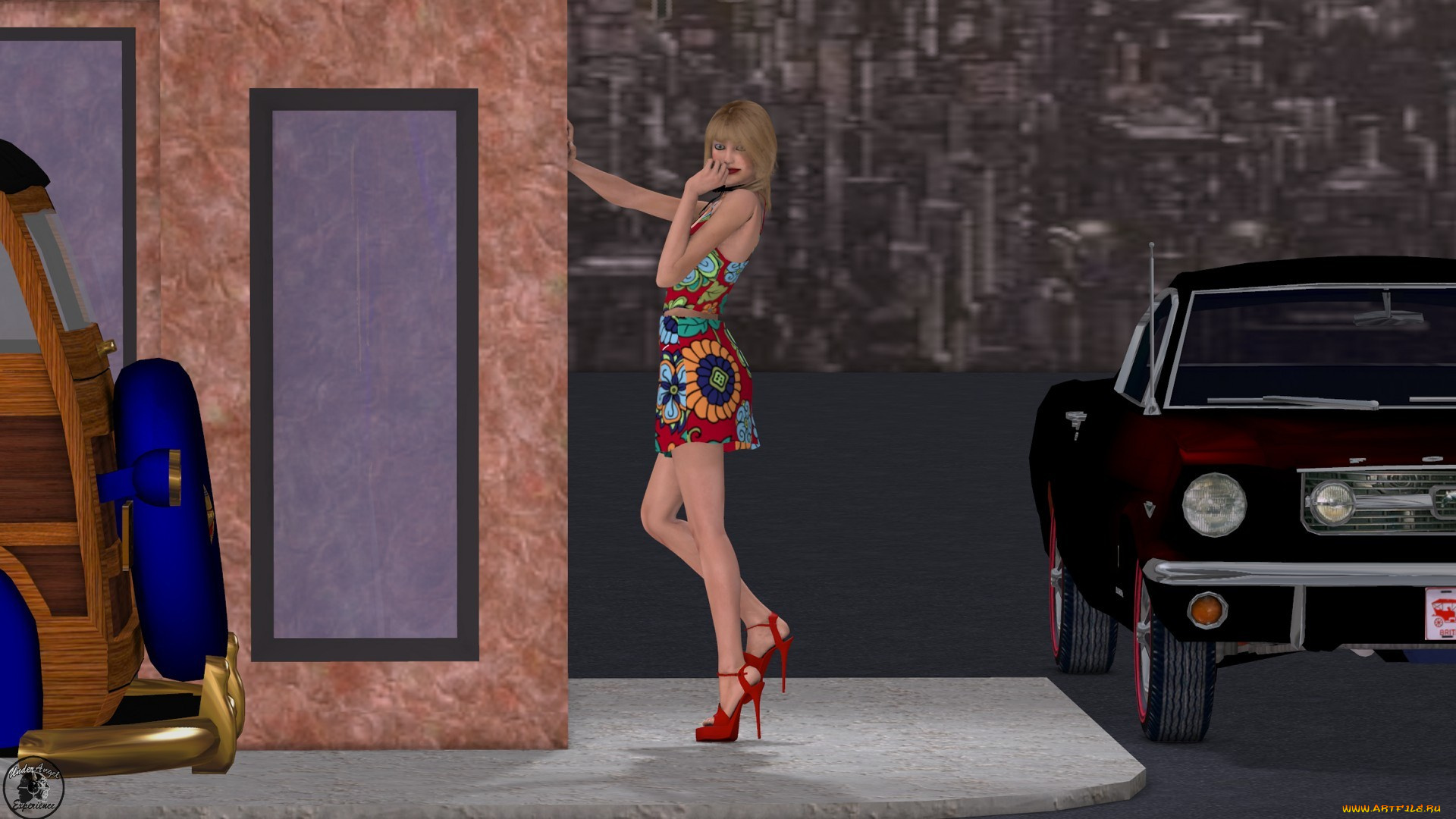 3д, графика, люди, , people, платье, фон, автомобили, взгляд, девушка