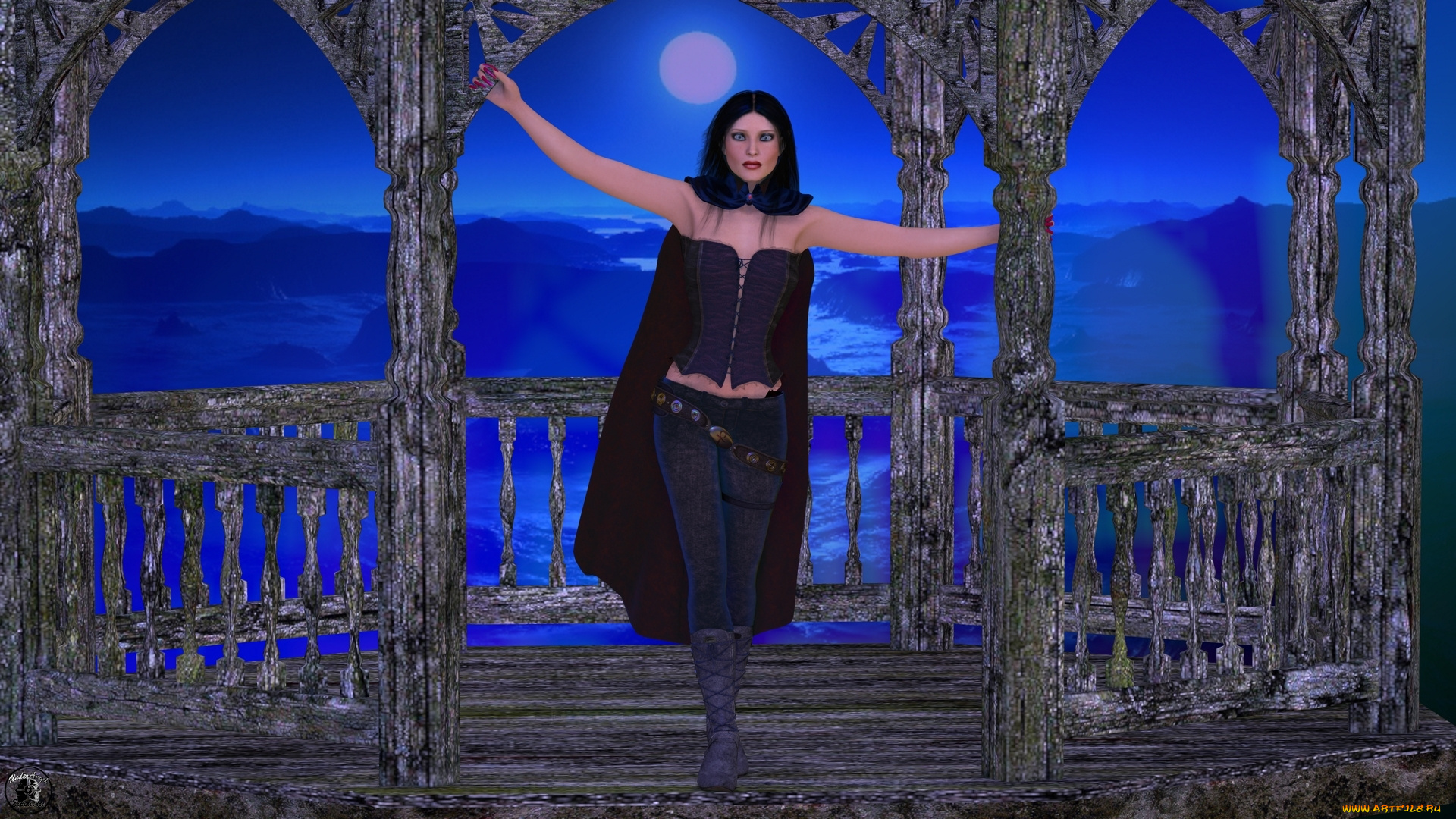 3д, графика, люди, , people, взгляд, девушка, горы, накидка, сапоги, луна, фон