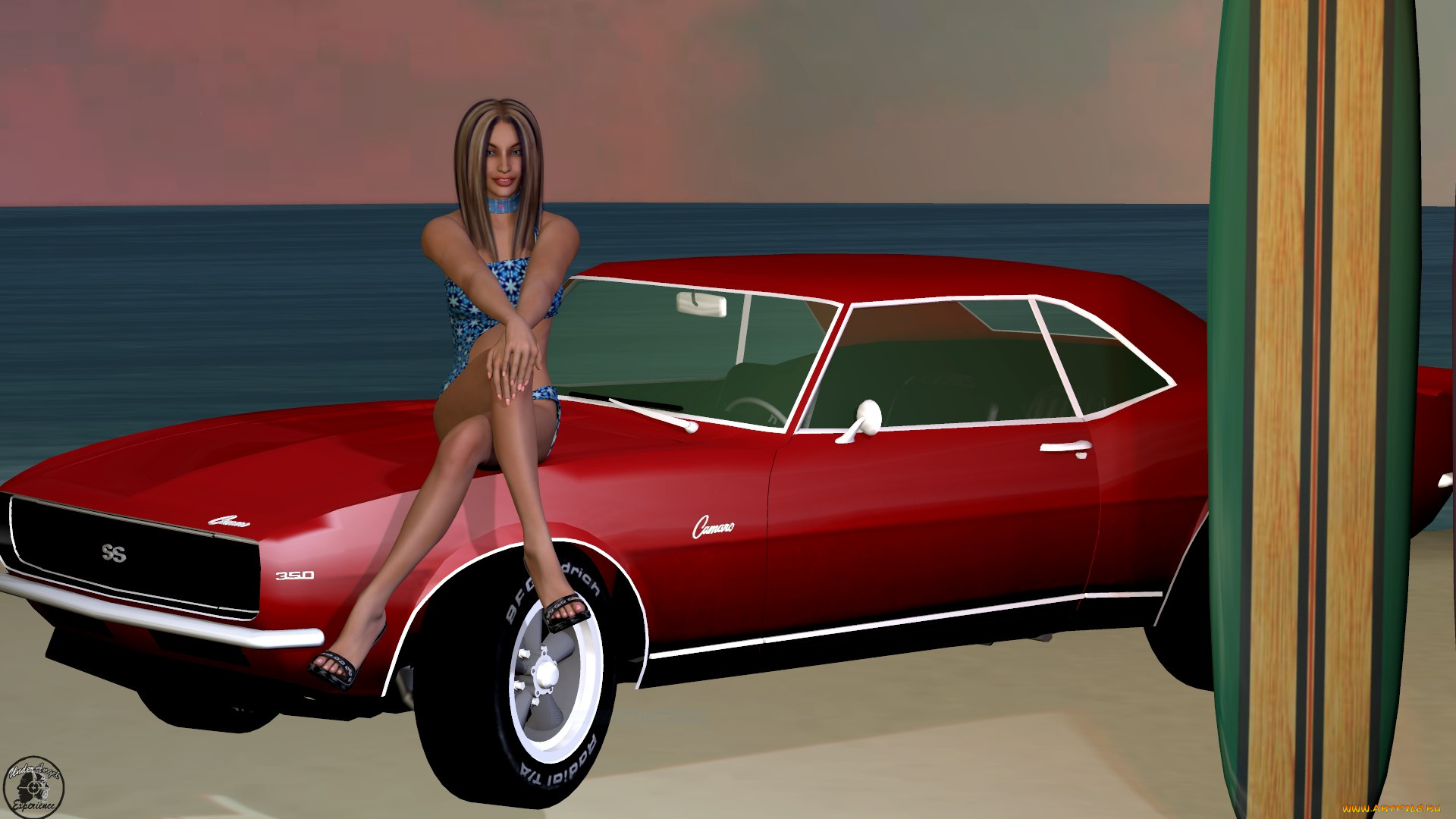 автомобили, 3d, car&girl, море, пляж, автомобиль, девушка, взгляд, фон