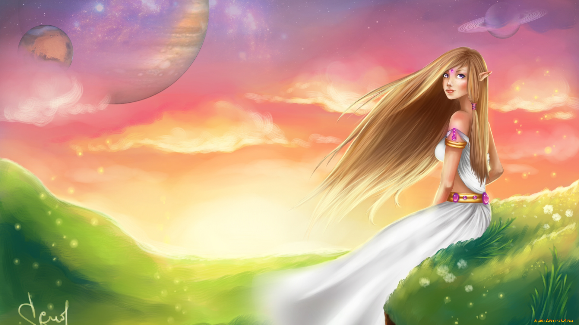 фэнтези, эльфы, планеты, поляна, девушка, эльф, иной, мир