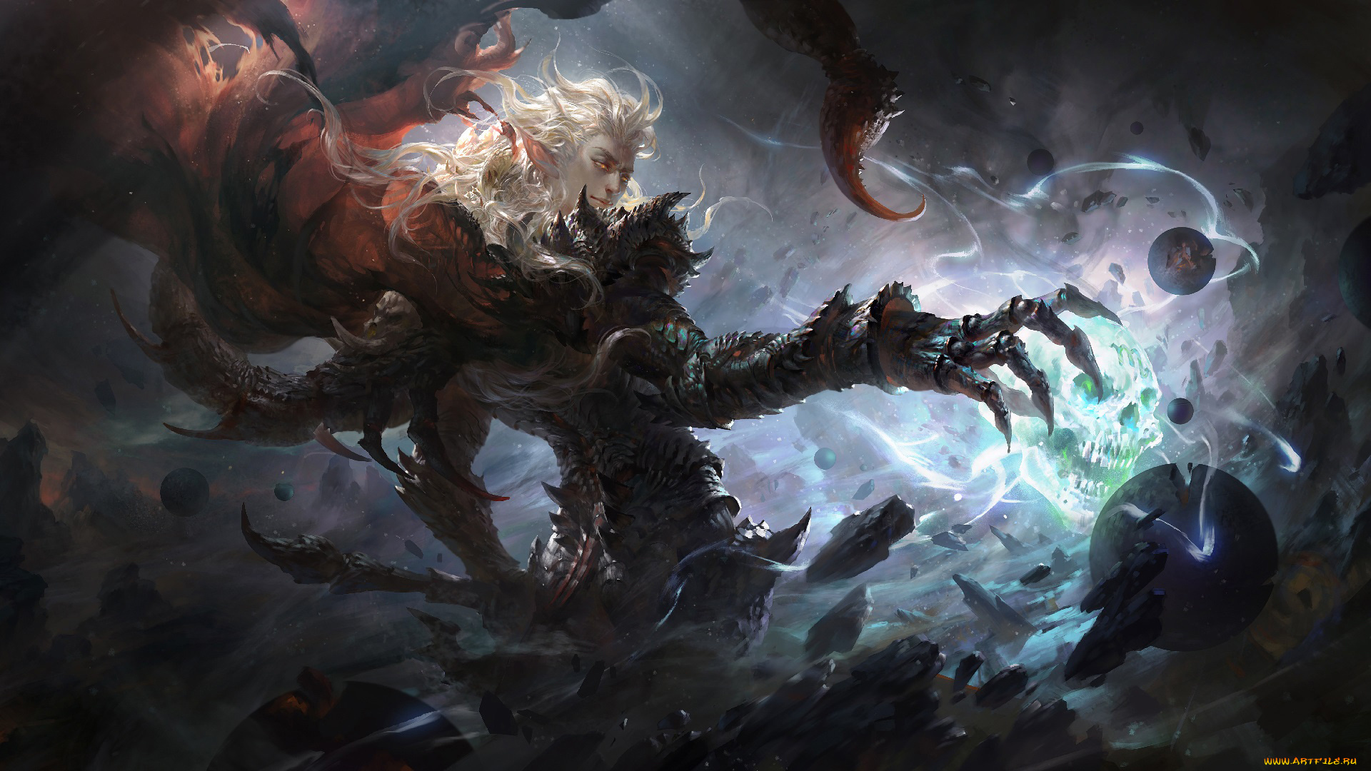 фэнтези, эльфы, взгляд, эльф, блондин, когти, череп, рука, магия, scorpion, мужчина, art