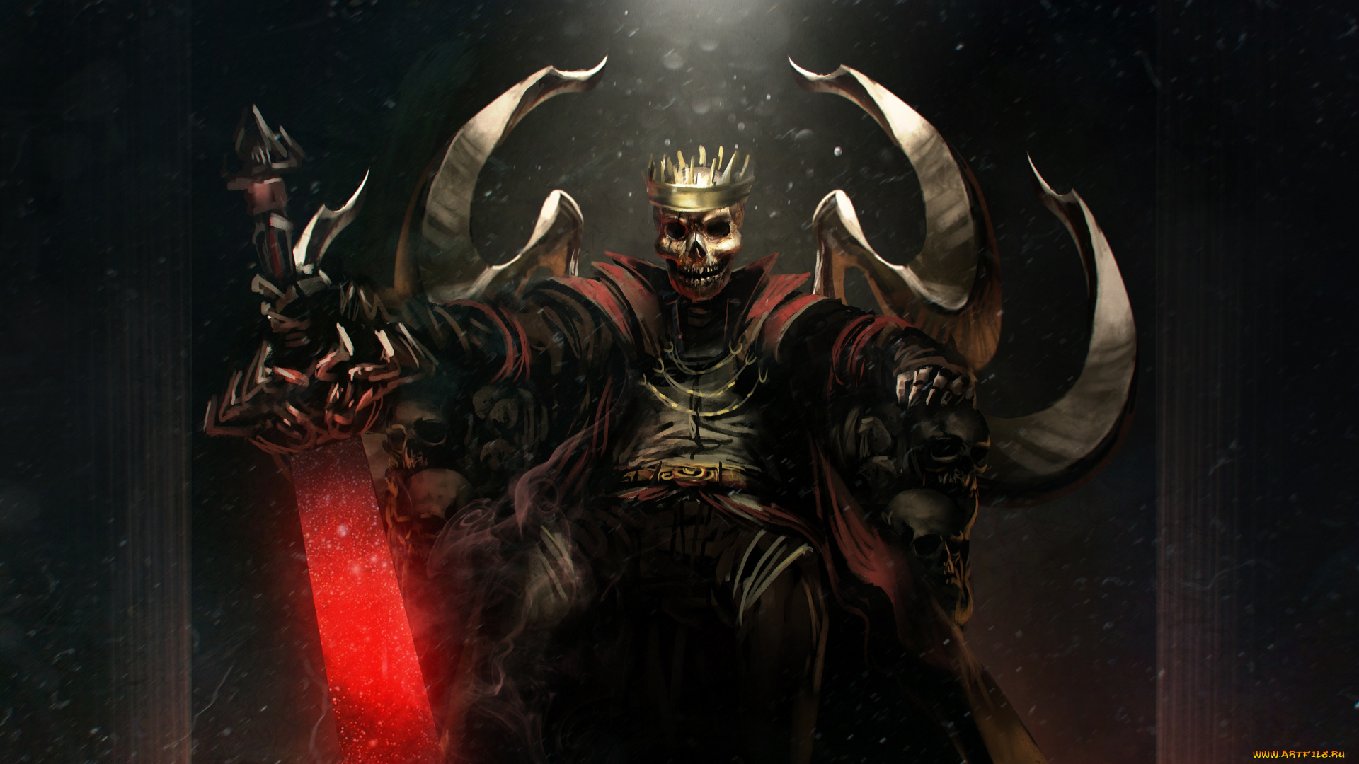 фэнтези, нежить, корона, трон, черепа, меч