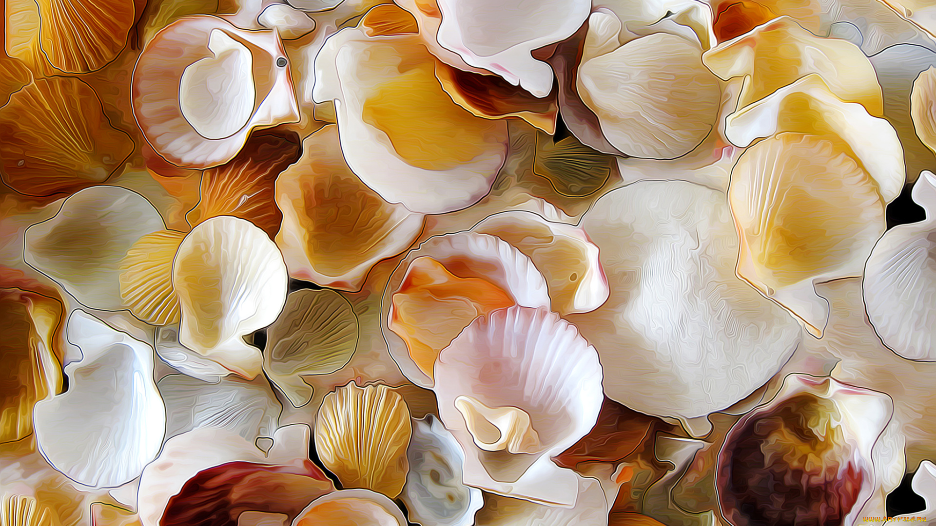 рисованное, -, другое, рендеринг, раковина, берег, море, ракушки, рисунок