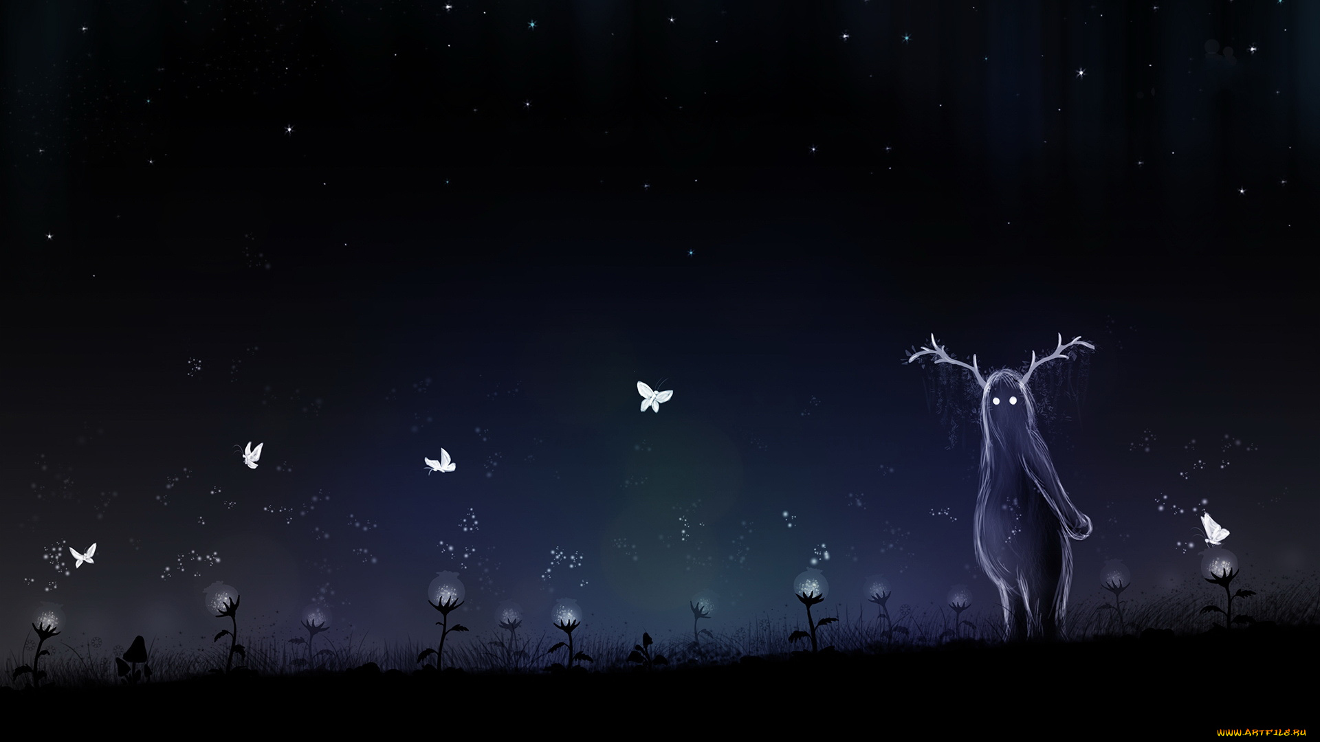 рисованное, vladstudio, одуванчики, бабочки, ночь