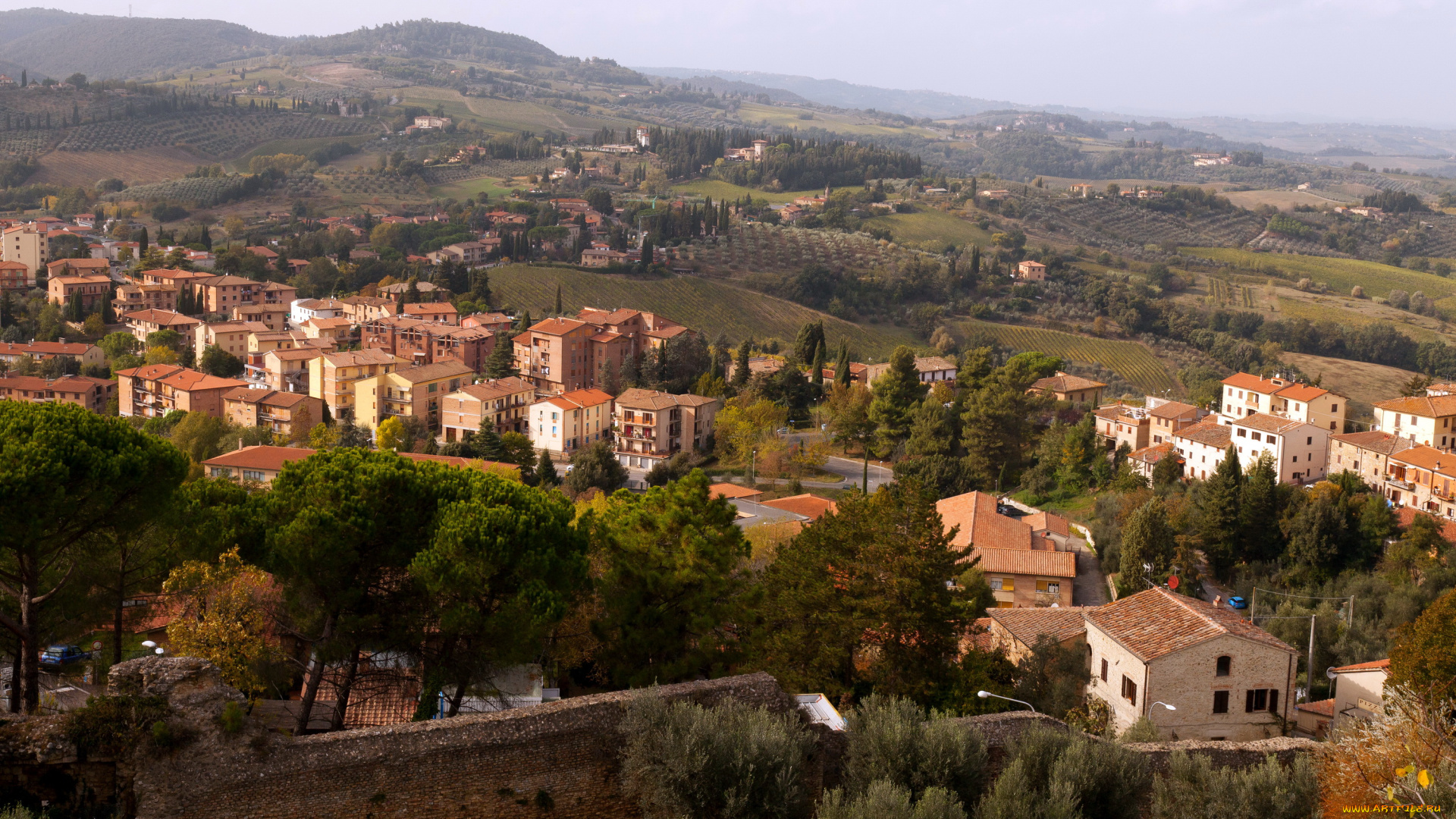 тоскана, италия, города, -, пейзажи, пейзаж, панорама, поля, дома, тоскана
