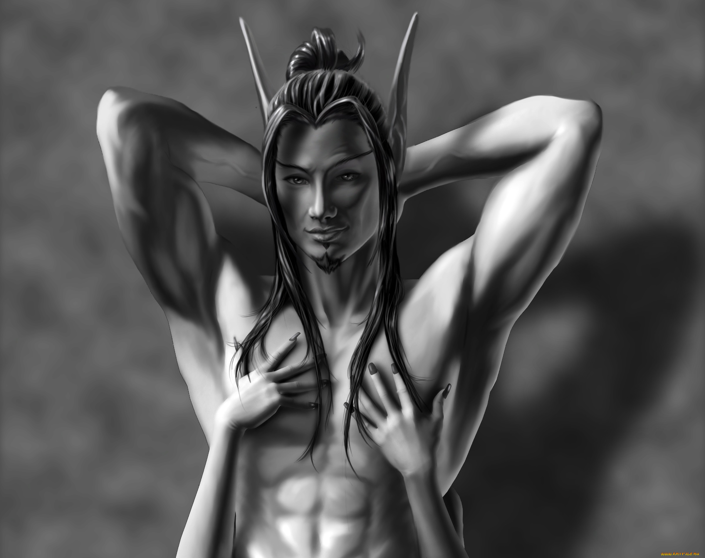 фэнтези, эльфы, эльф, парень, серый, руки, мускулы, торс, фон