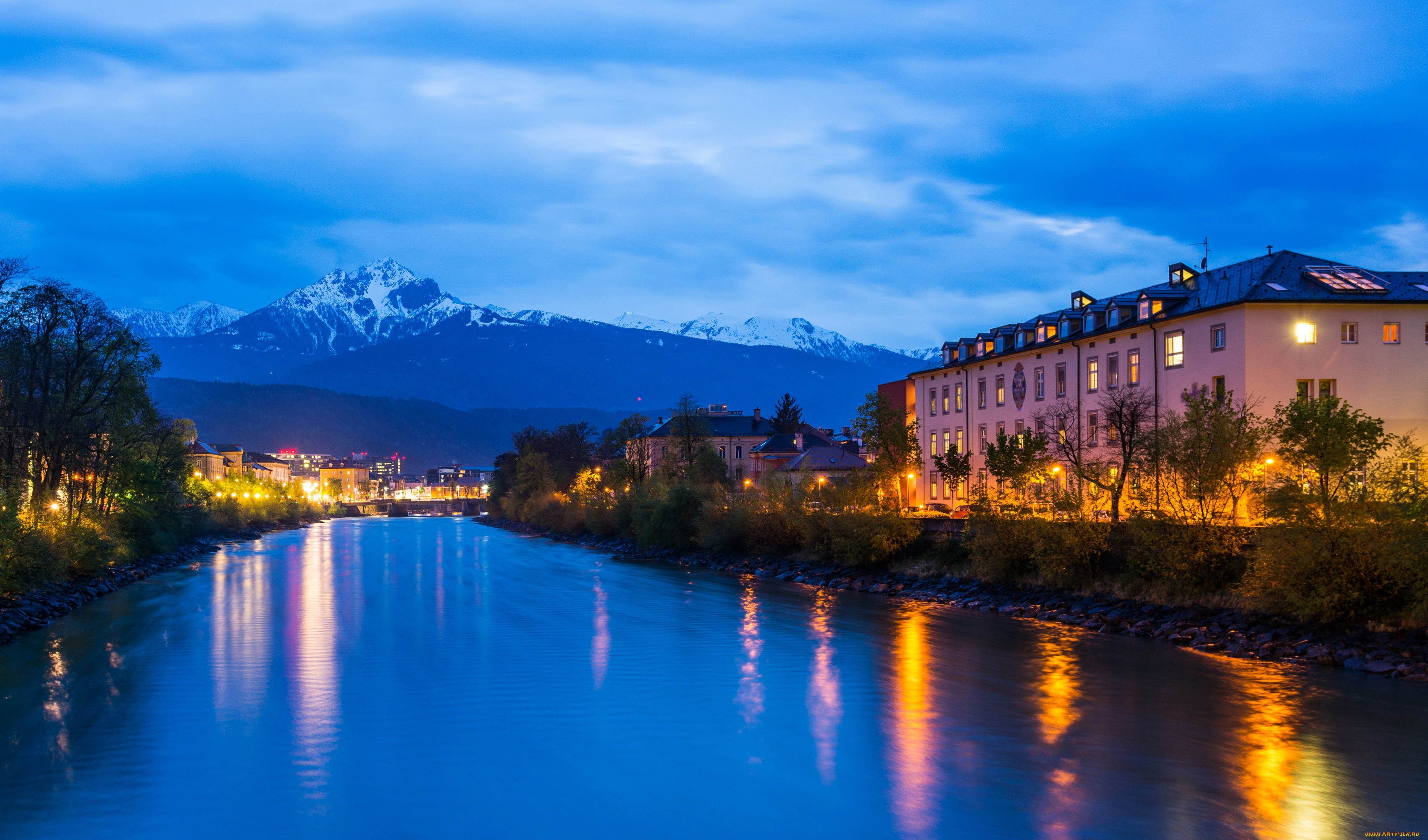 инсбрук, австрия, города, -, огни, ночного, города, огни, ночь, река, дома, австрия, инсбрук