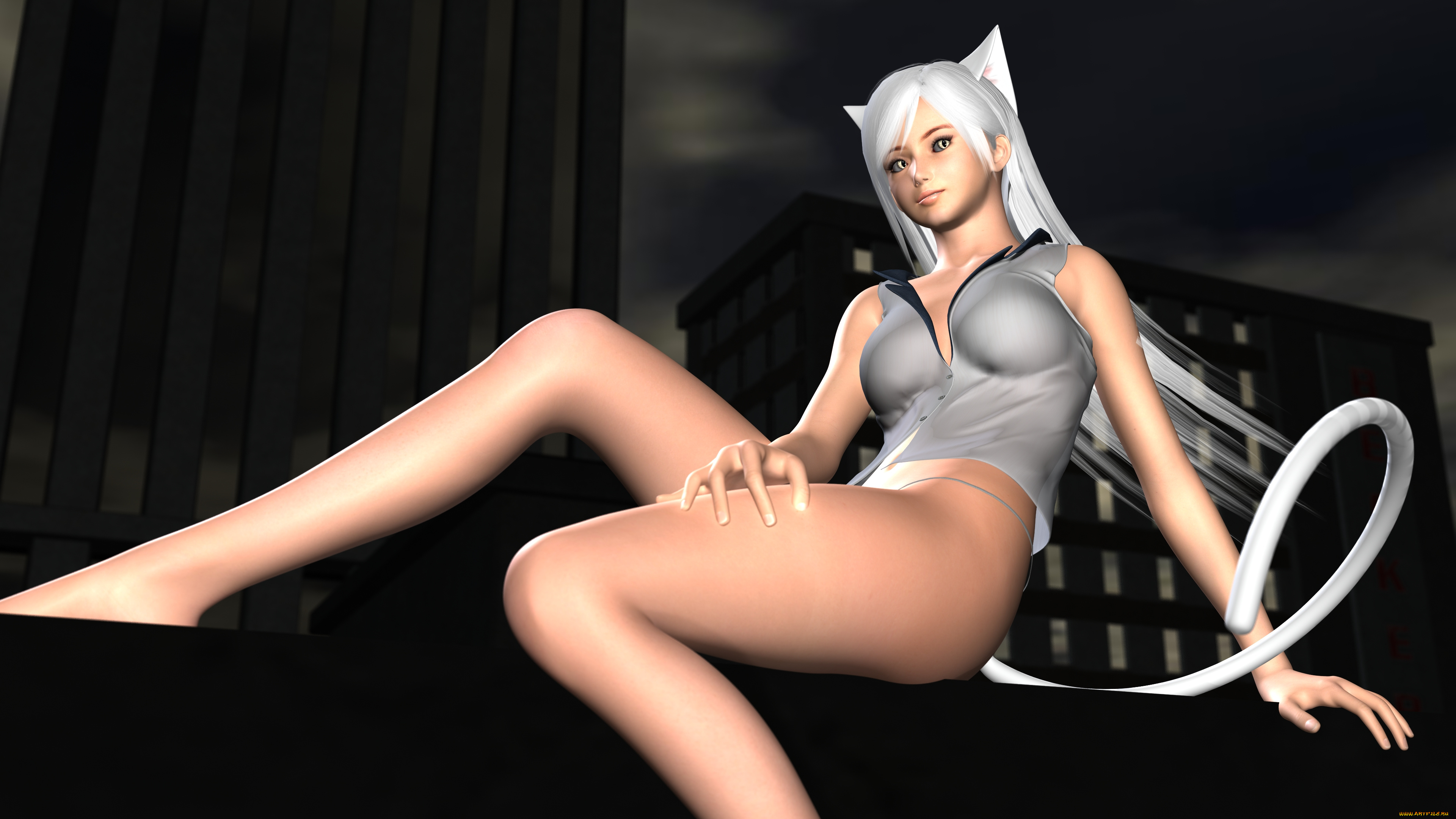 3д, графика, фантазия, , fantasy, хвост, взгляд, фон, ушки, девушка