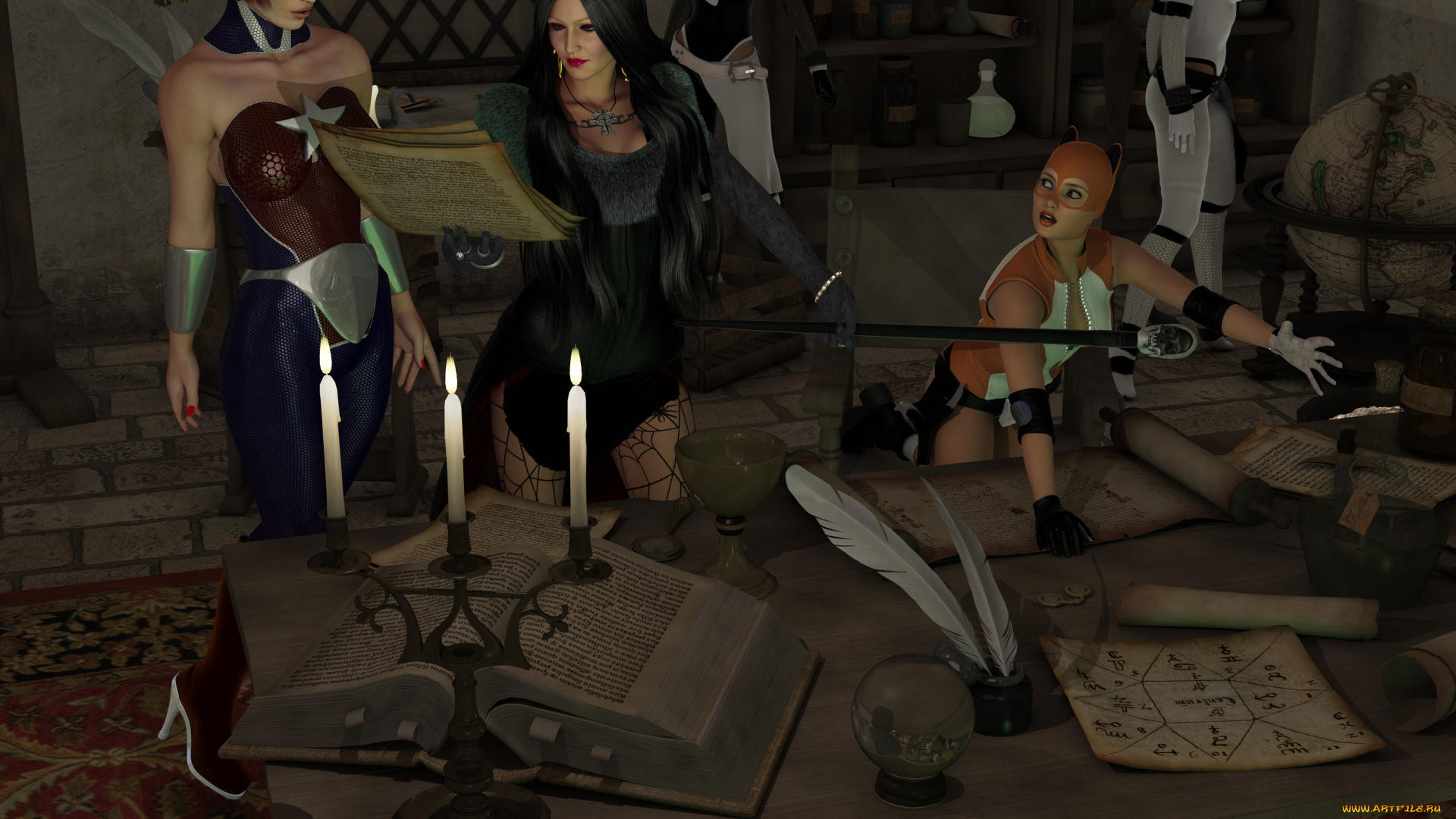 3д, графика, фантазия, , fantasy, взгляд, девушки, книга, фон, свечи