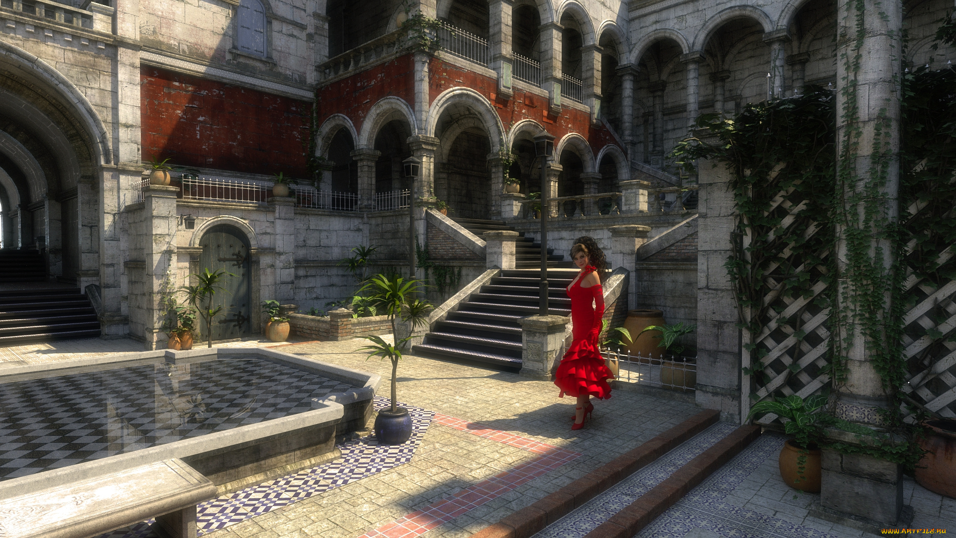 3д, графика, люди, , people, двор, взгляд, фон, девушка, дом