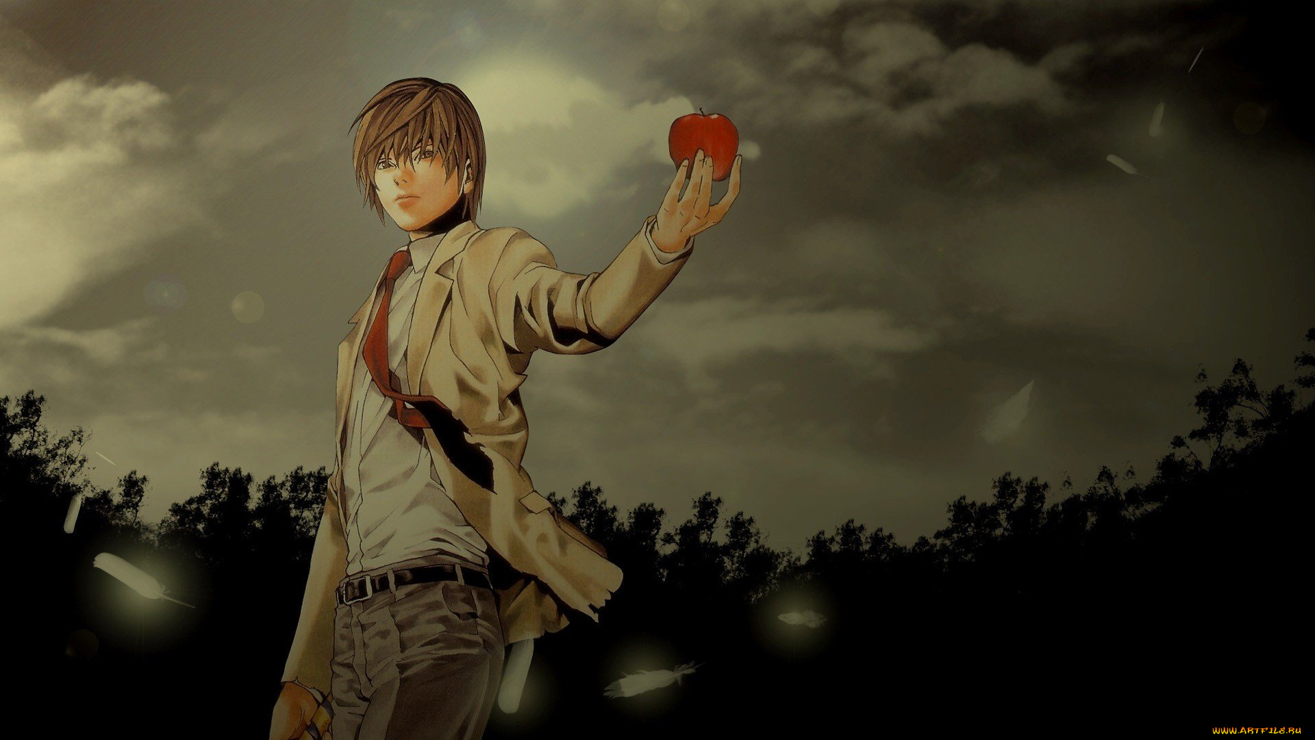 аниме, death, note, тучи, арт, тетрадь, смерти, лайт, парень, яблоко