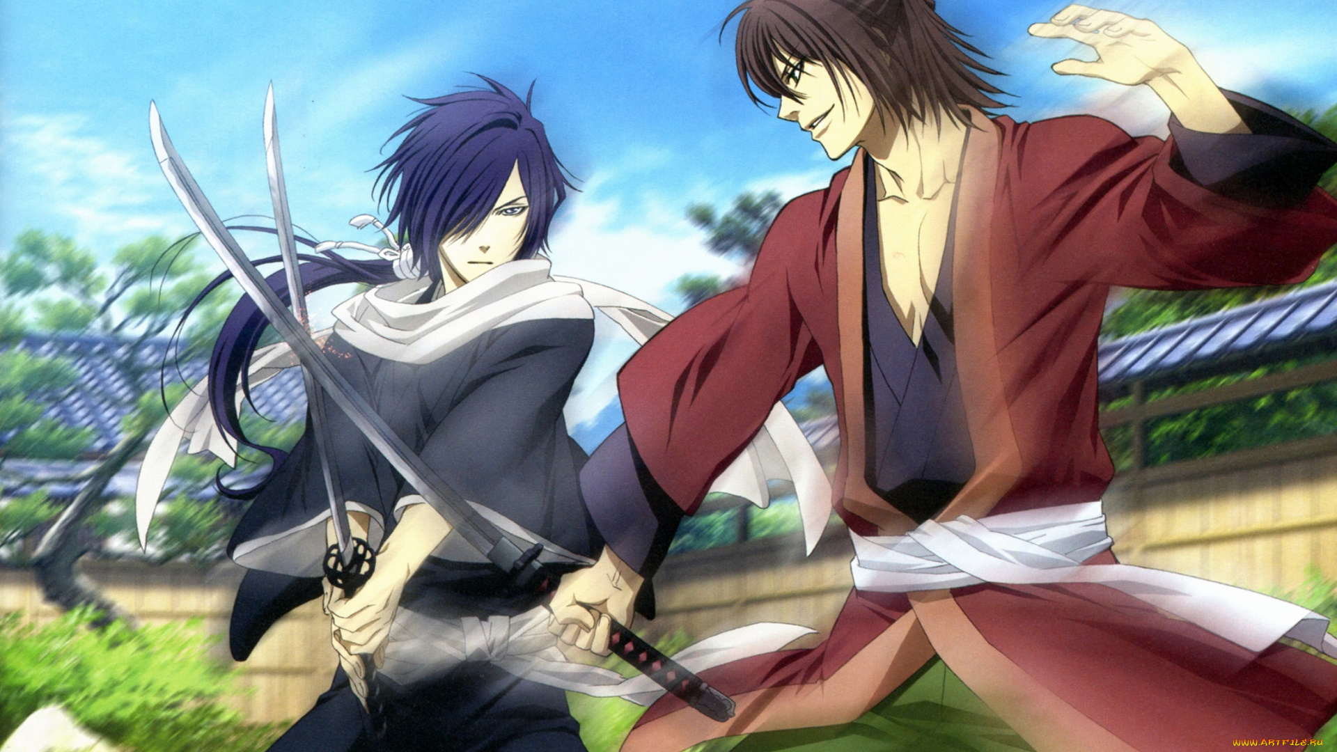 аниме, hakuoki, ни, сражение, мечи