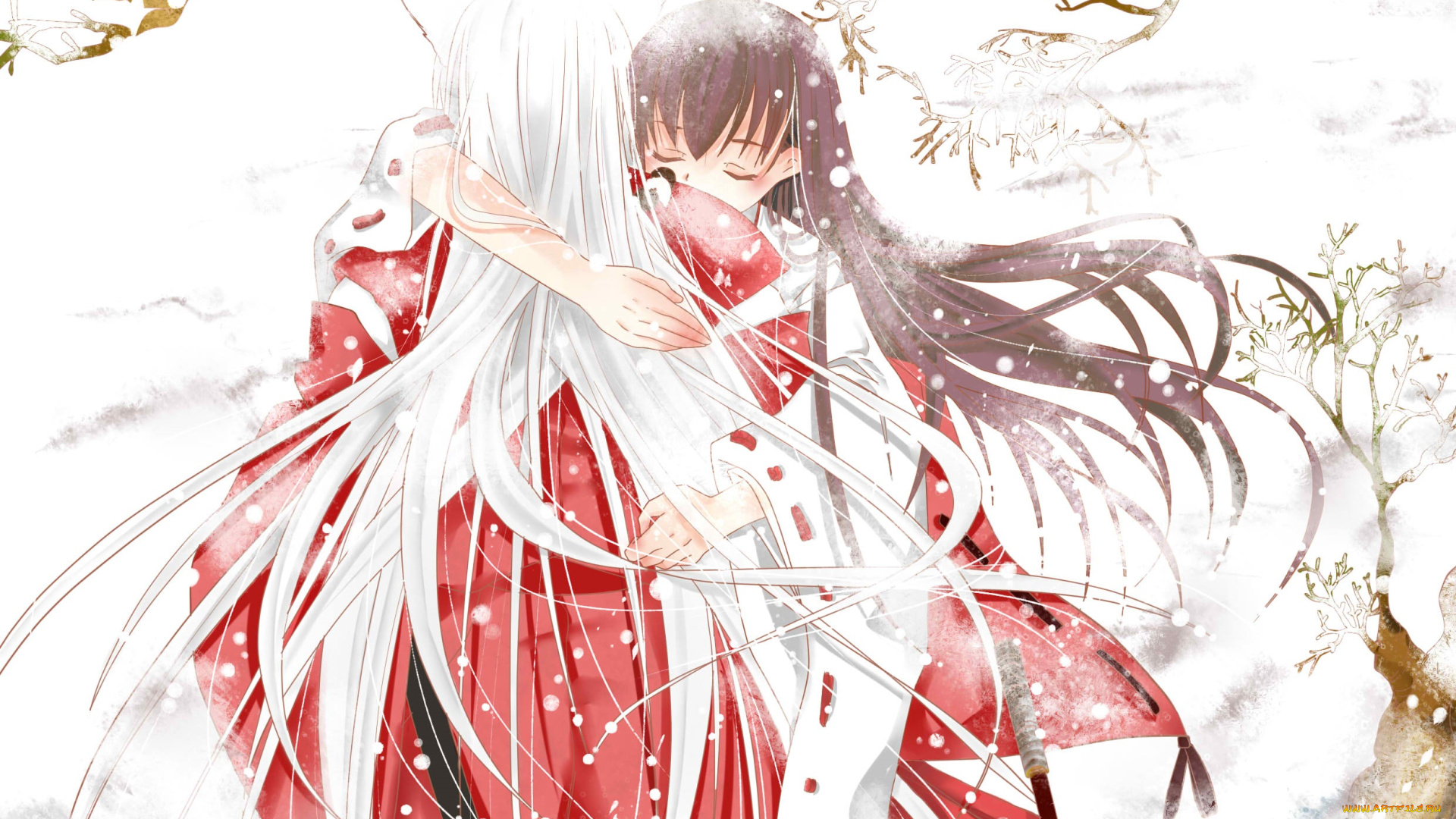 аниме, inuyasha, объятия, романтика, кагоме, полу-демон, парень, инуяша, арт