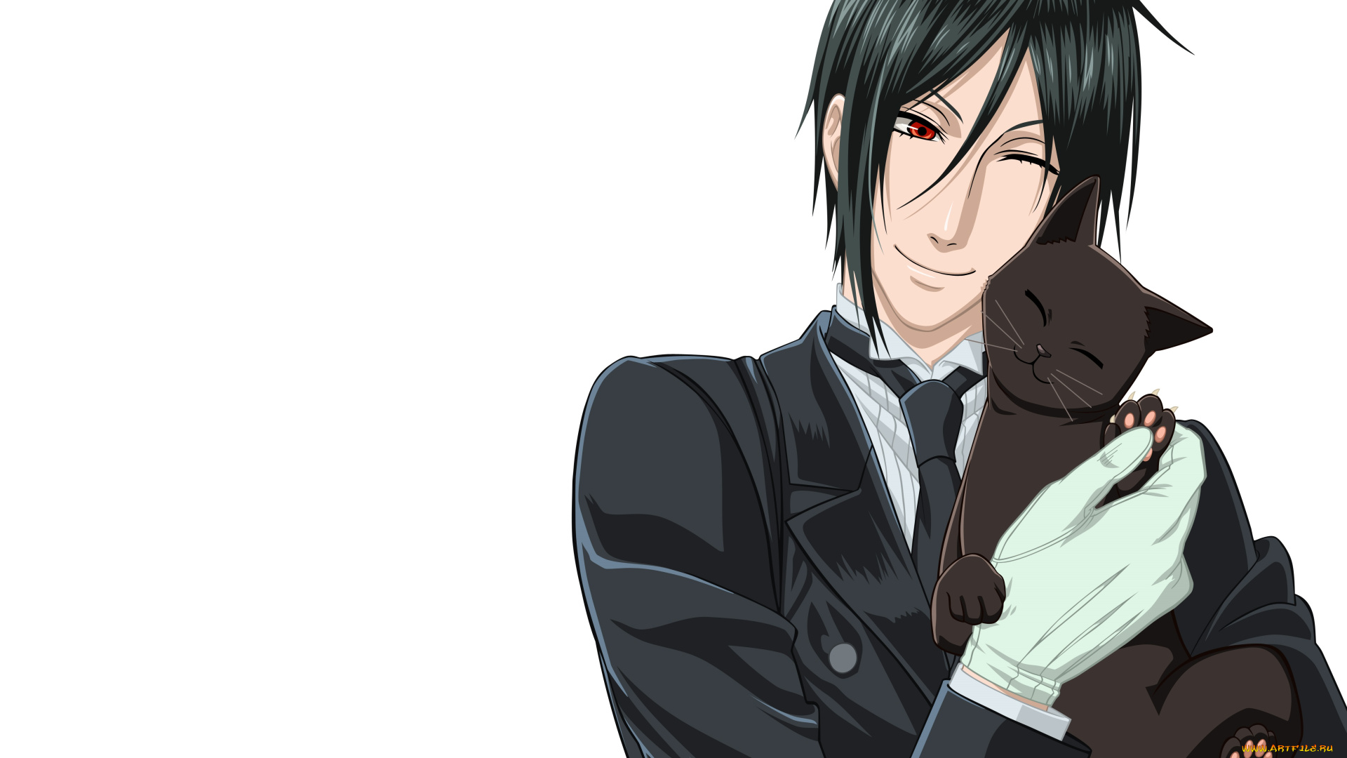 аниме, kuroshitsuji, улыбка, себастьян, умиление, кошка, дворецкий, демон, фон