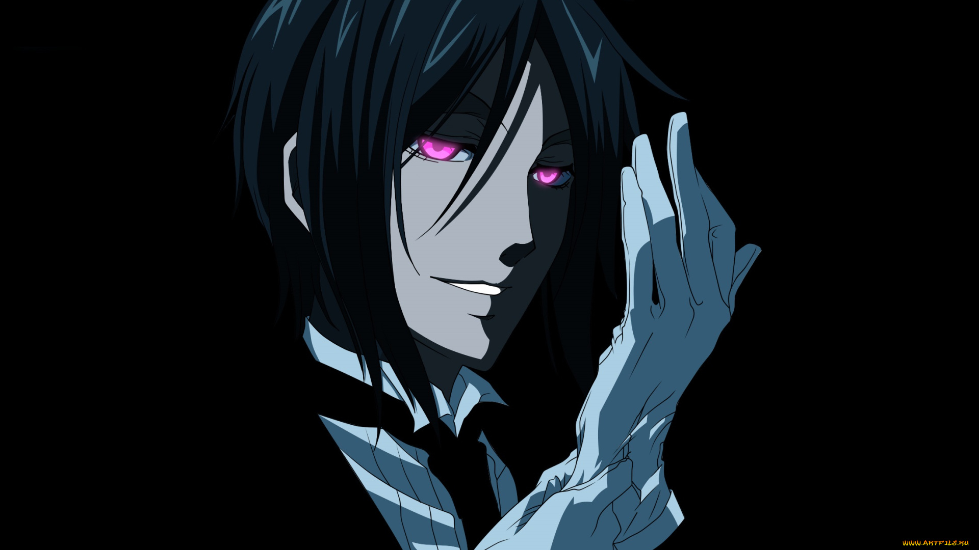 аниме, kuroshitsuji, улыбка, умиление, демон, фон, дворецкий, снимает, перчатка, взгляд, себастьян