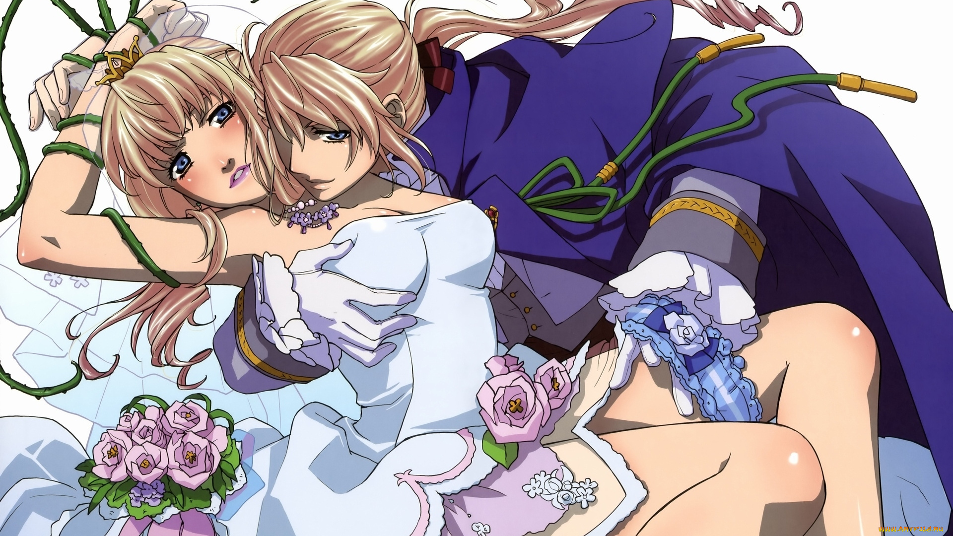 аниме, macross, frontier, двое, букет, sheryl, nome, macross, frontier, плащ, подвязка, колени, искушение