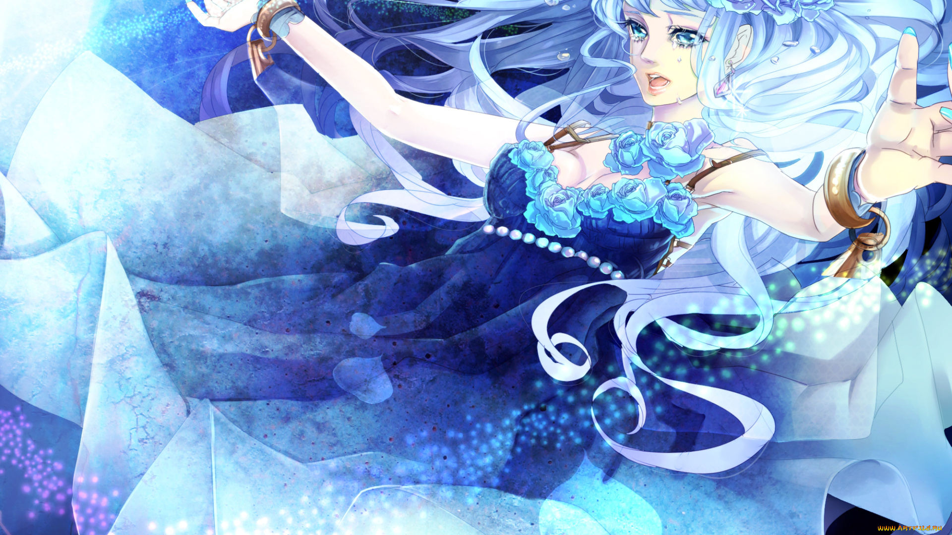 аниме, macross, frontier, шерил, слезы, sheryl, nome, macross, frontier, цветы, венок, розы, лепестки, девушка, галактическая, фея, katsu, ryouji, art