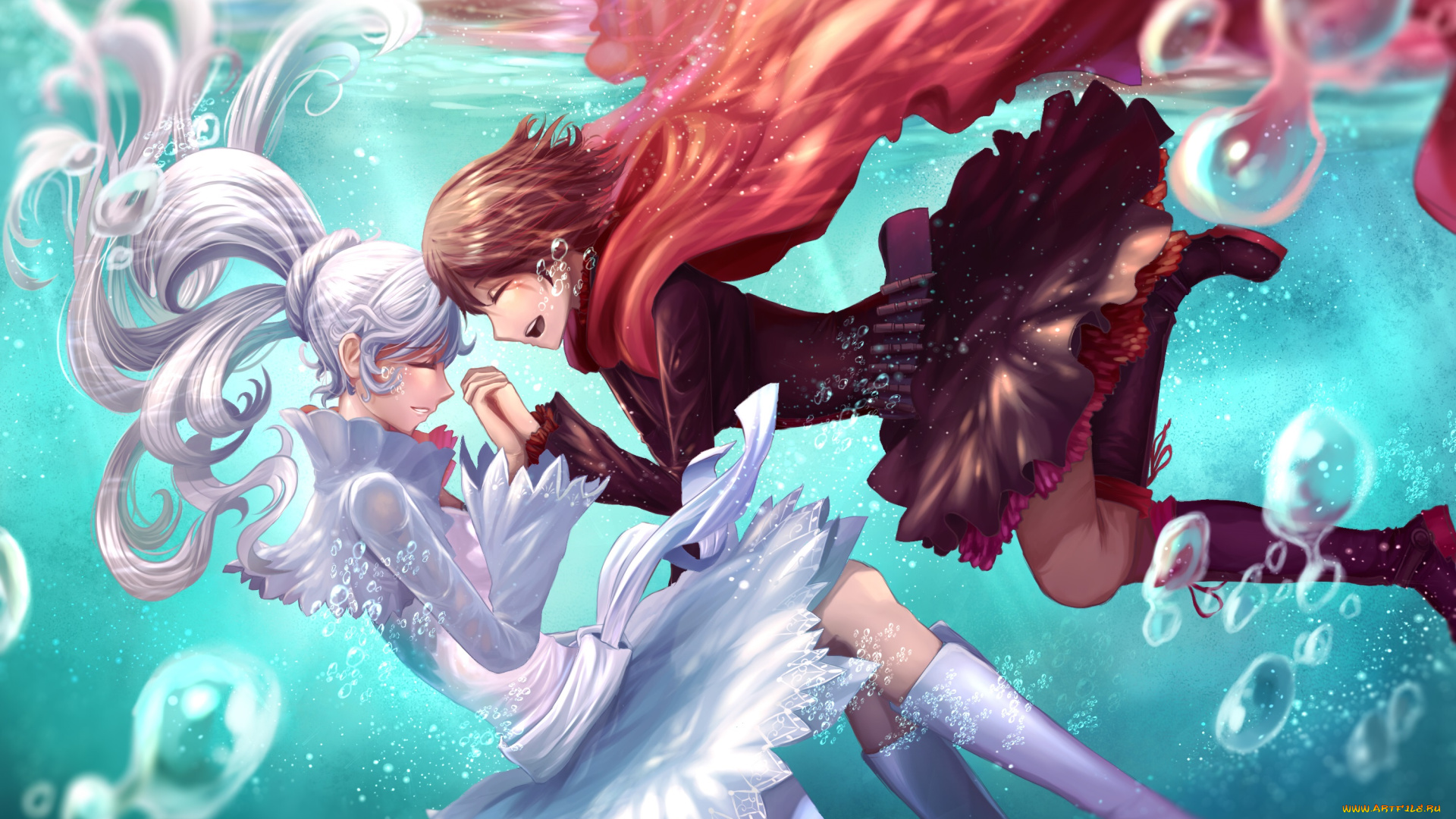 аниме, rwby, weiss, schnee, ruby, rose, арт, вода, девушки, пузырьки