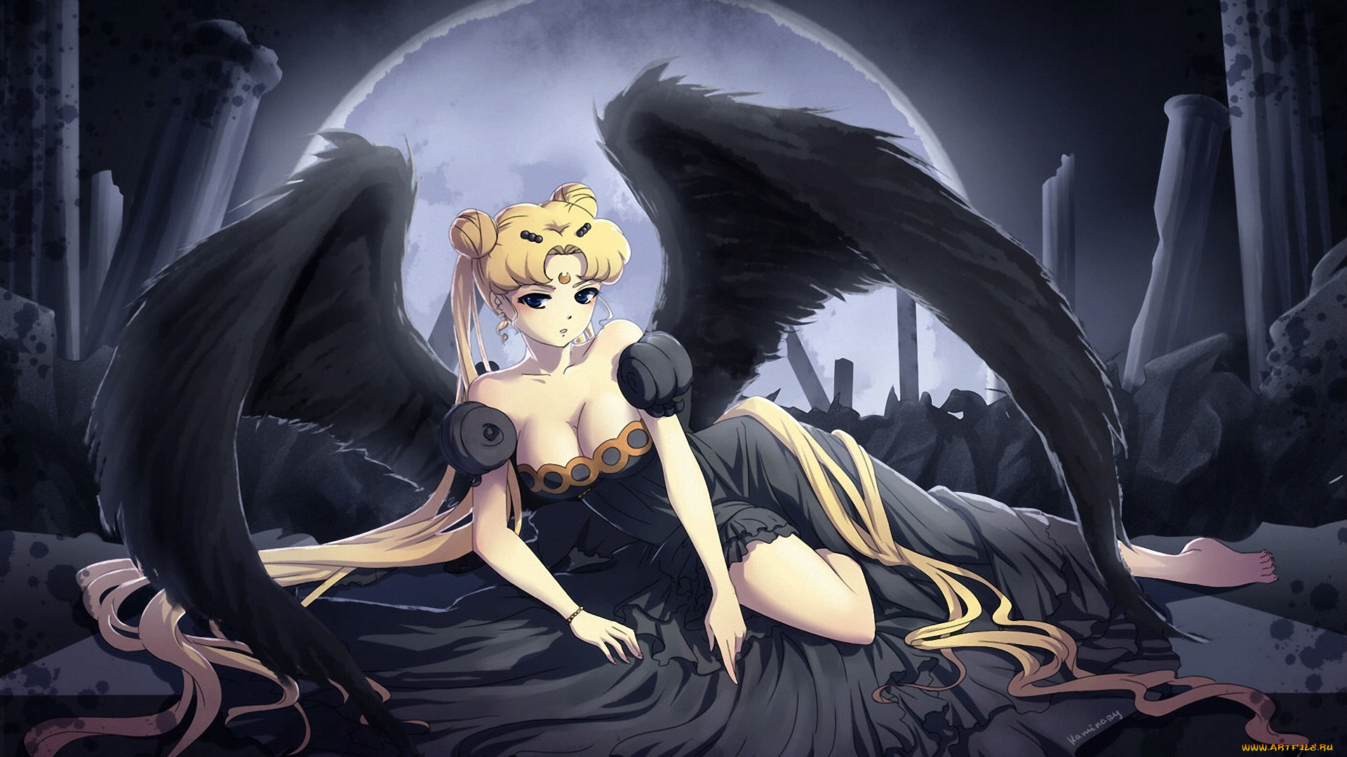 аниме, sailor, moon, арт, черные, дежа, девушка, tsukino, usagi, princess, serenity, kaminary, bishoujo, senshi, sailor, moon, крылья
