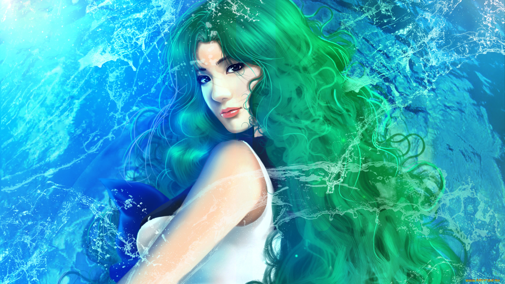 аниме, sailor, moon, bishoujo, senshi, sailor, moon, вода, девушка, kaiou, michiru, neptune, зеленые, волосы
