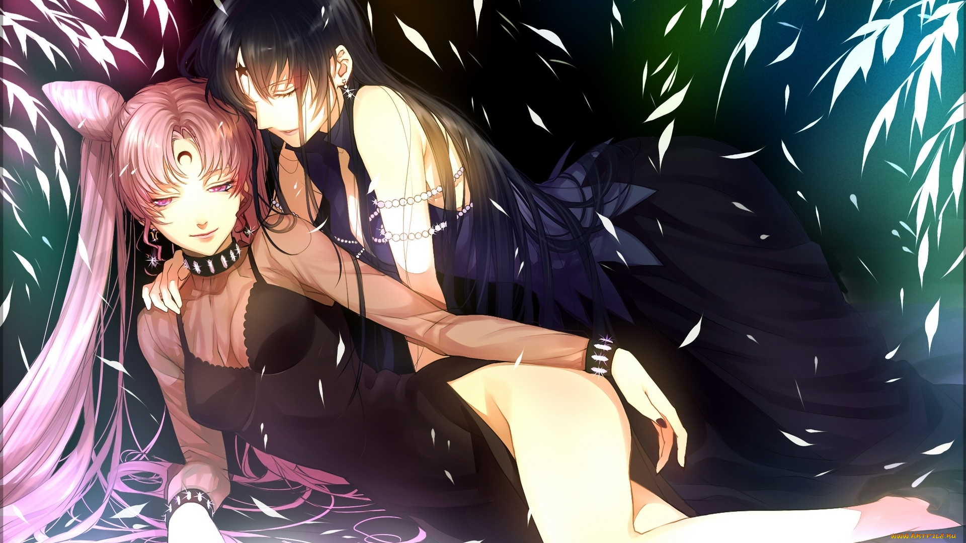 аниме, sailor, moon, bishoujo, senshi, sailor, moon, сережки, лак, закрытые, глаза, две, девушки, платье, длинные, волосы, black, lady, chibiusa, tomoe, hotaru