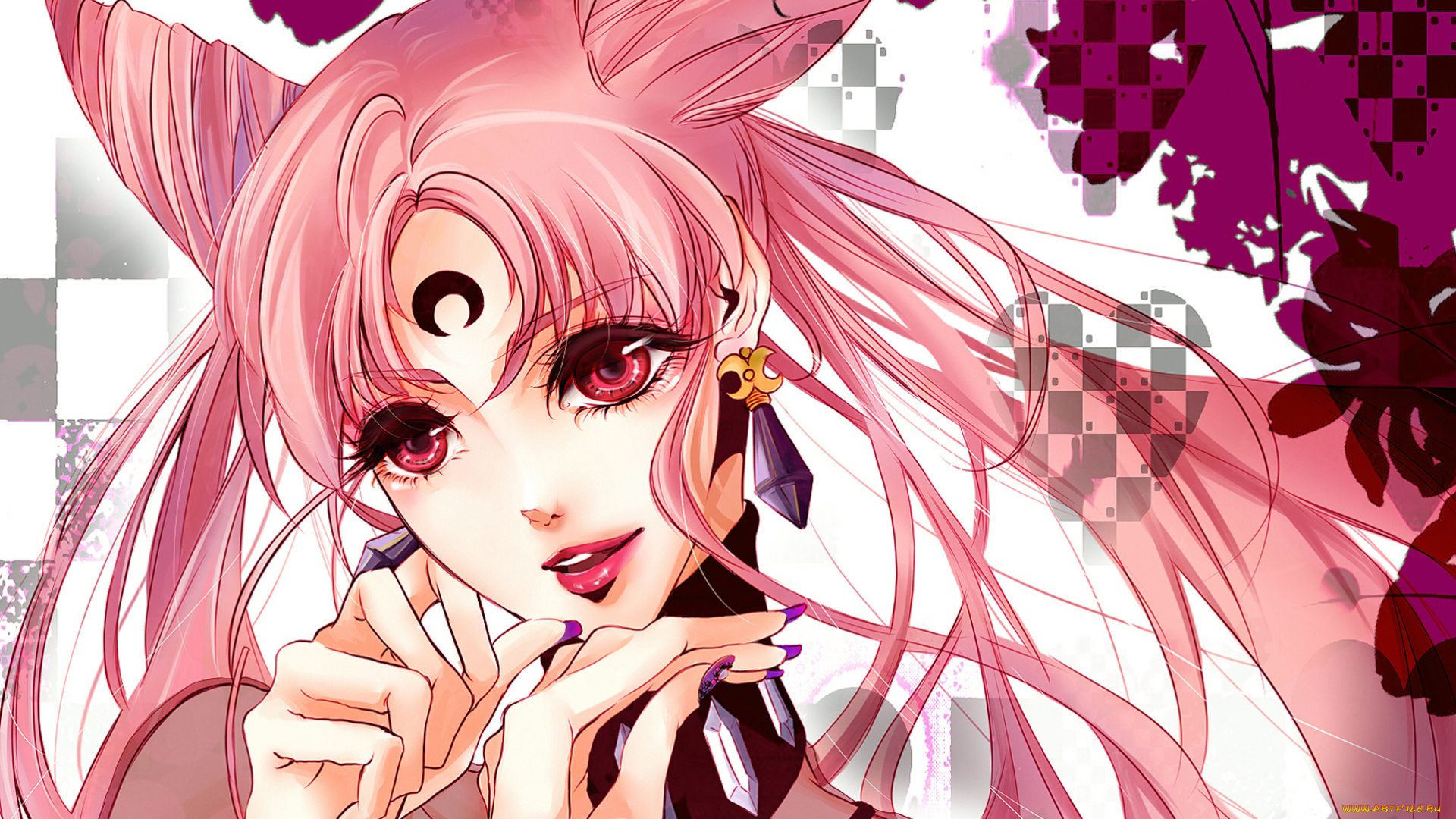 аниме, sailor, moon, chibiusa, black, lady, красные, глаза, улыбка, девушка, хвосты, серьги, bishoujo, senshi, sailor, moon, украшения