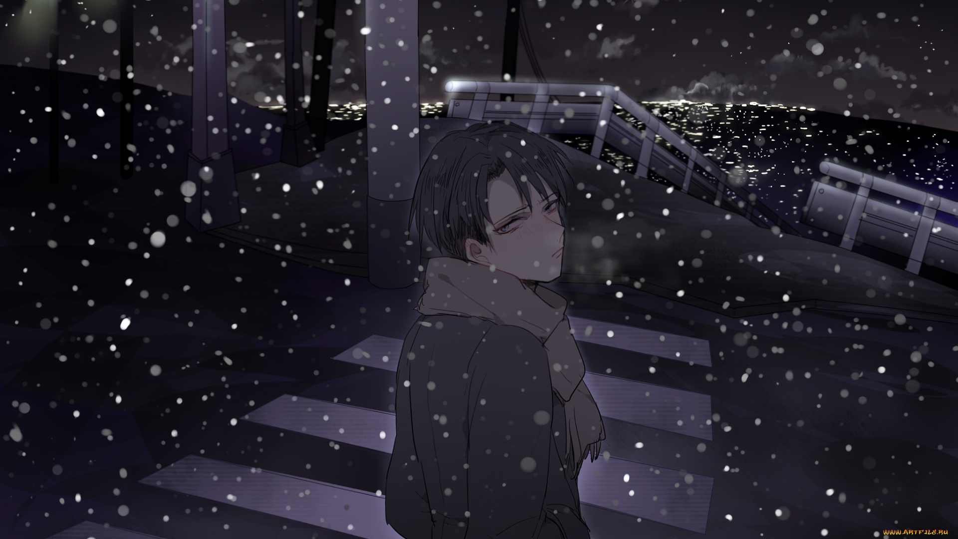 аниме, shingeki, no, kyojin, ночь, зебра, дорога, зима, снег, город, атака, титанов, леви