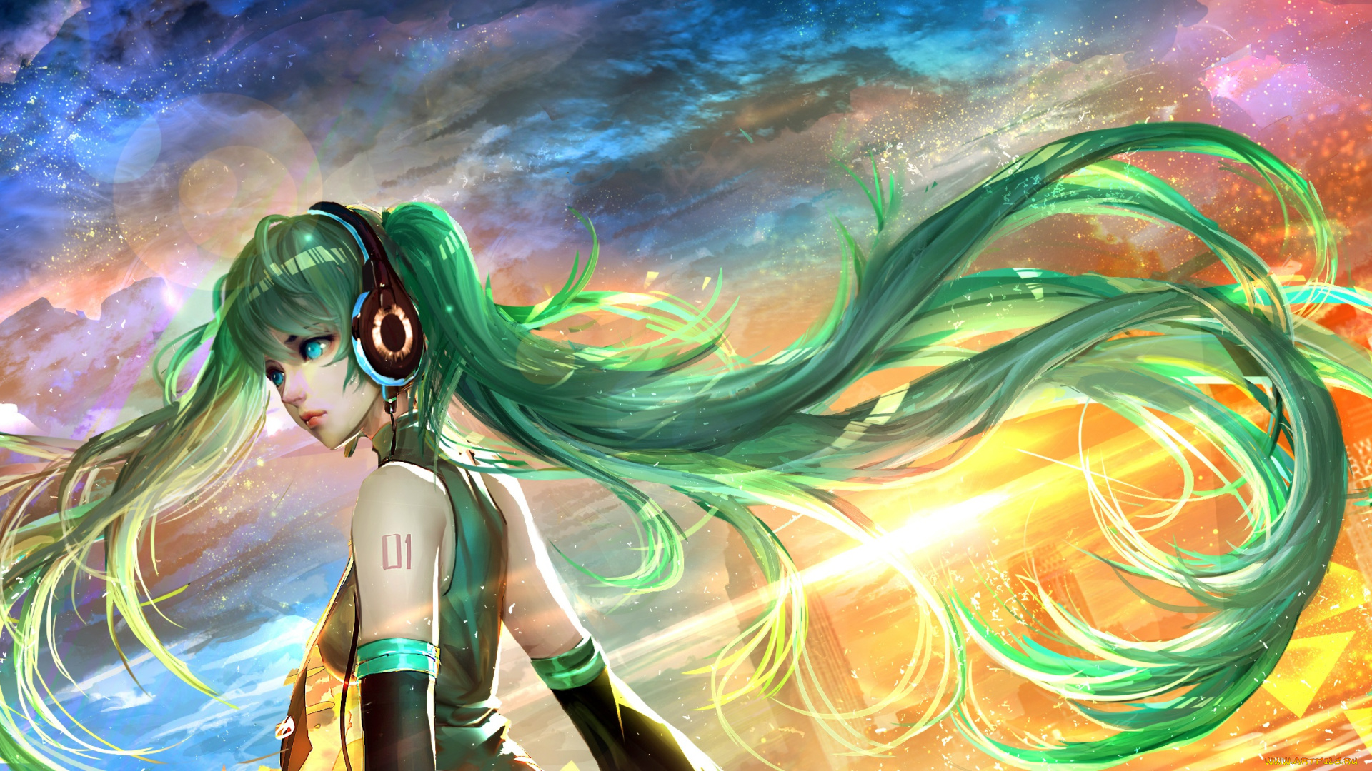 аниме, vocaloid, девушка, арт, закат, вокалоид