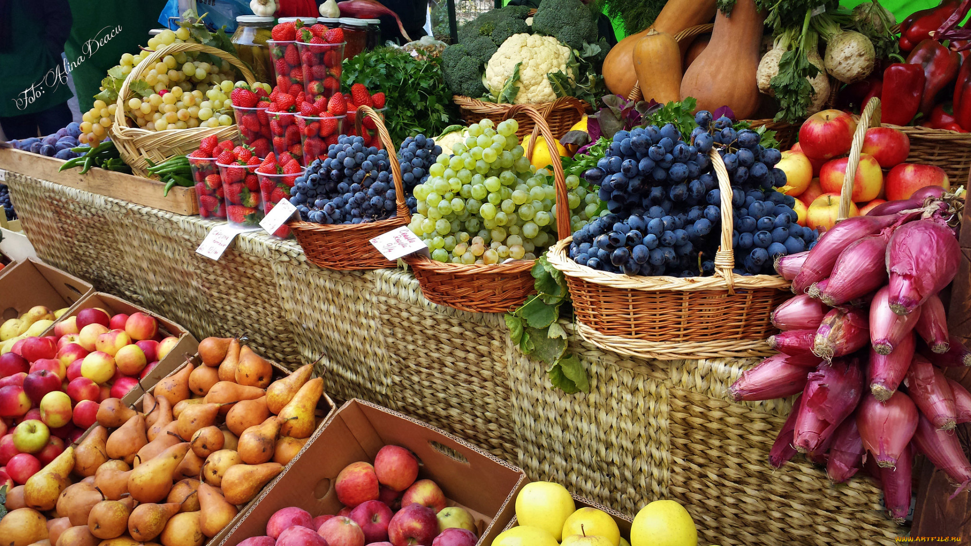 еда, фрукты, и, овощи, вместе, прилавок