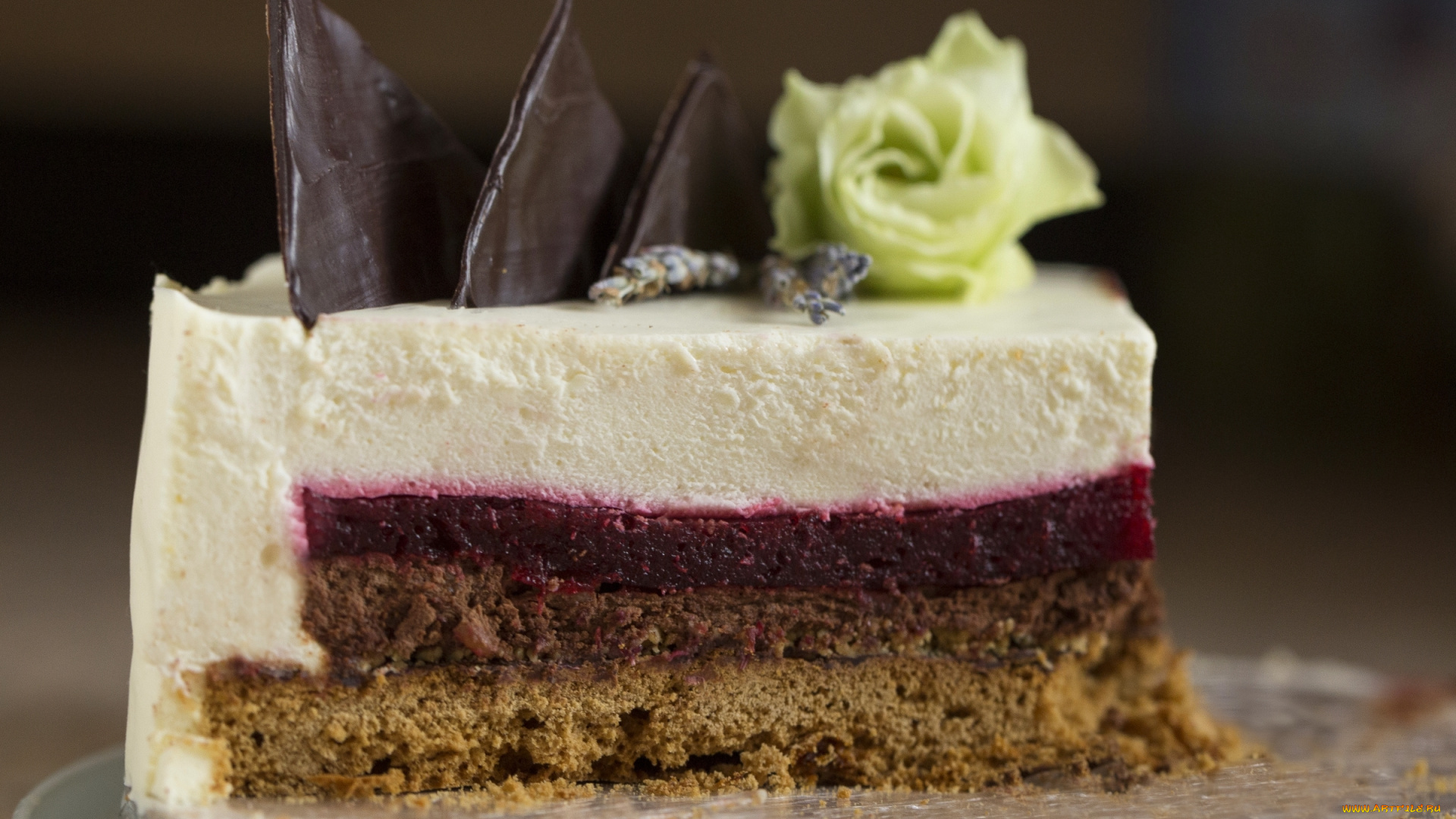 еда, торты, торт, десерт, кусок, слои, шоколад, роза