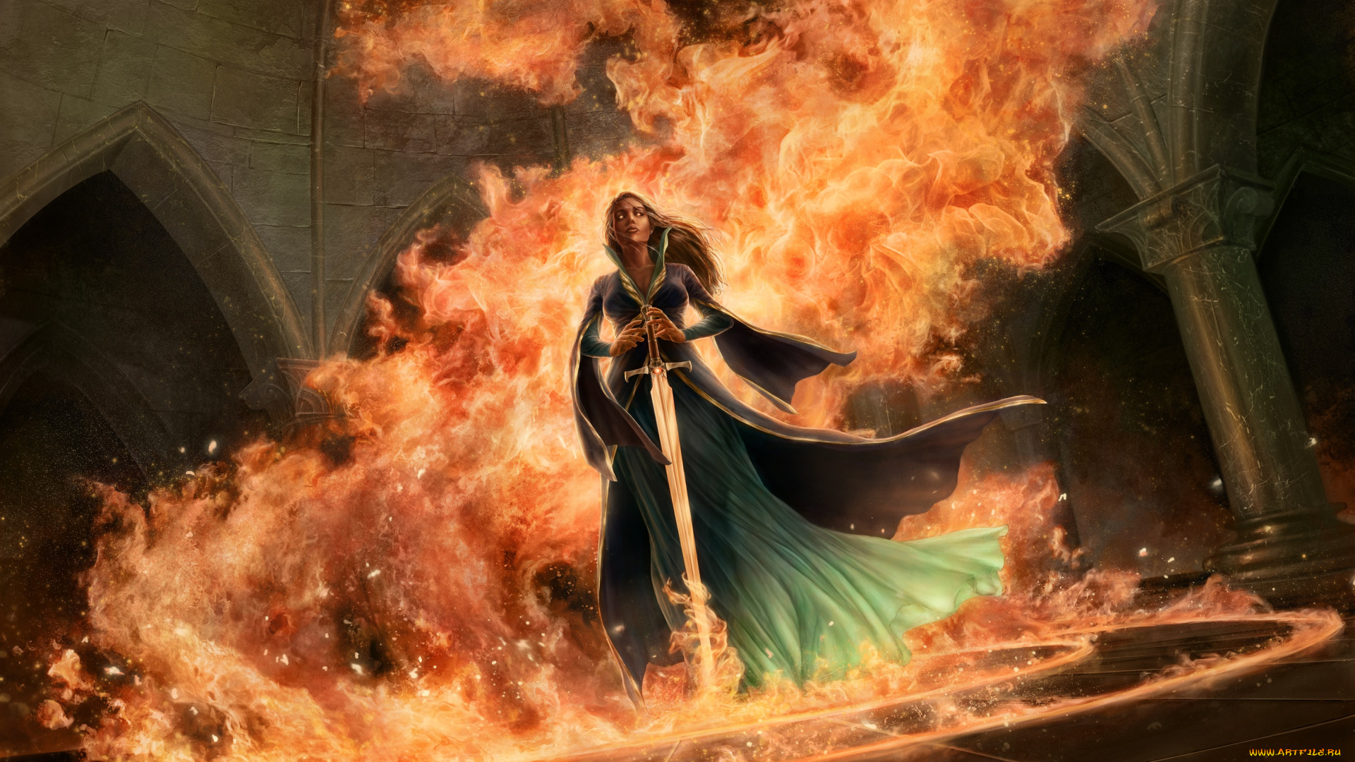 фэнтези, девушки, фон, взгляд, девушка, огонь, оружие