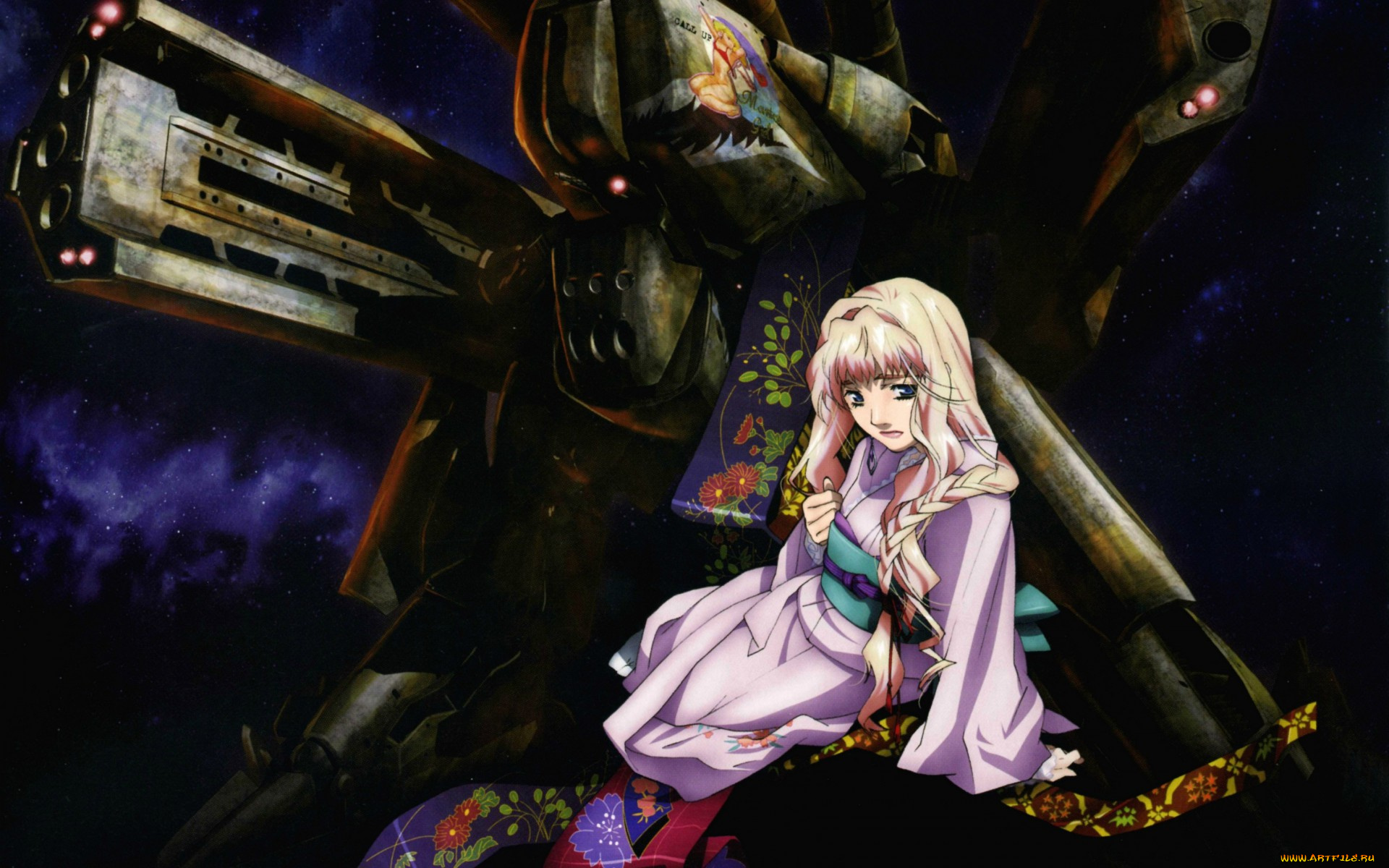 аниме, macross, frontier, art, боевой, робот, кимоно, sheryl, nome, macross, frontier, yuuko, yamada, ночь, супер-оружие