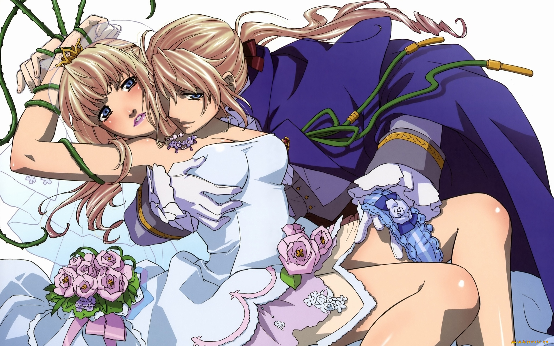 аниме, macross, frontier, двое, букет, sheryl, nome, macross, frontier, плащ, подвязка, колени, искушение