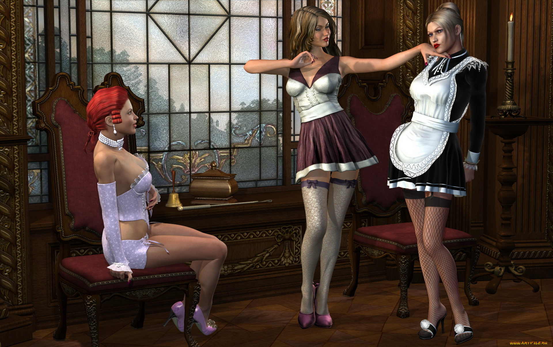 3д, графика, люди, , people, девушки, комната, униформа, фон, свеча, стул, окно