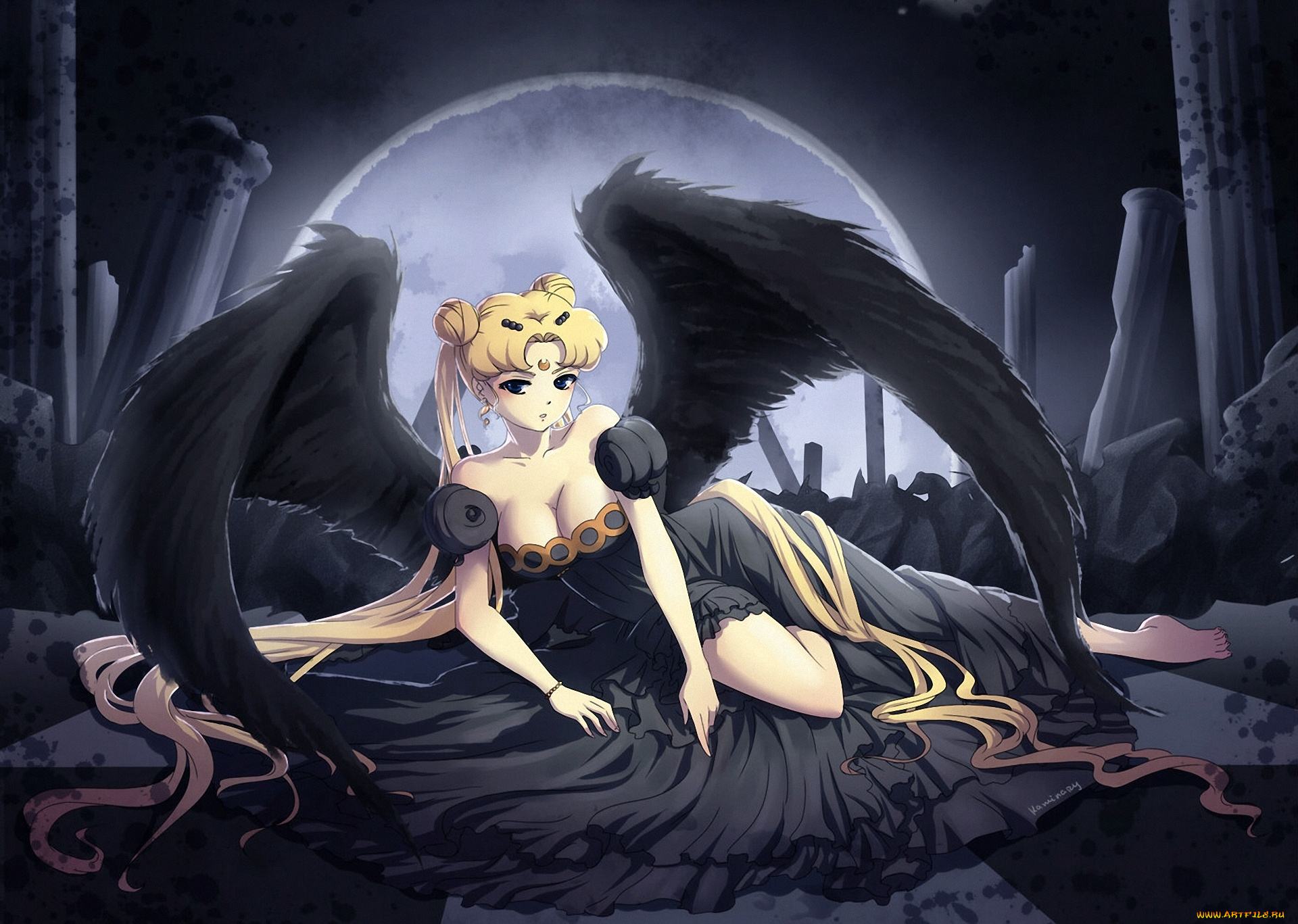 аниме, sailor, moon, арт, черные, дежа, девушка, tsukino, usagi, princess, serenity, kaminary, bishoujo, senshi, sailor, moon, крылья