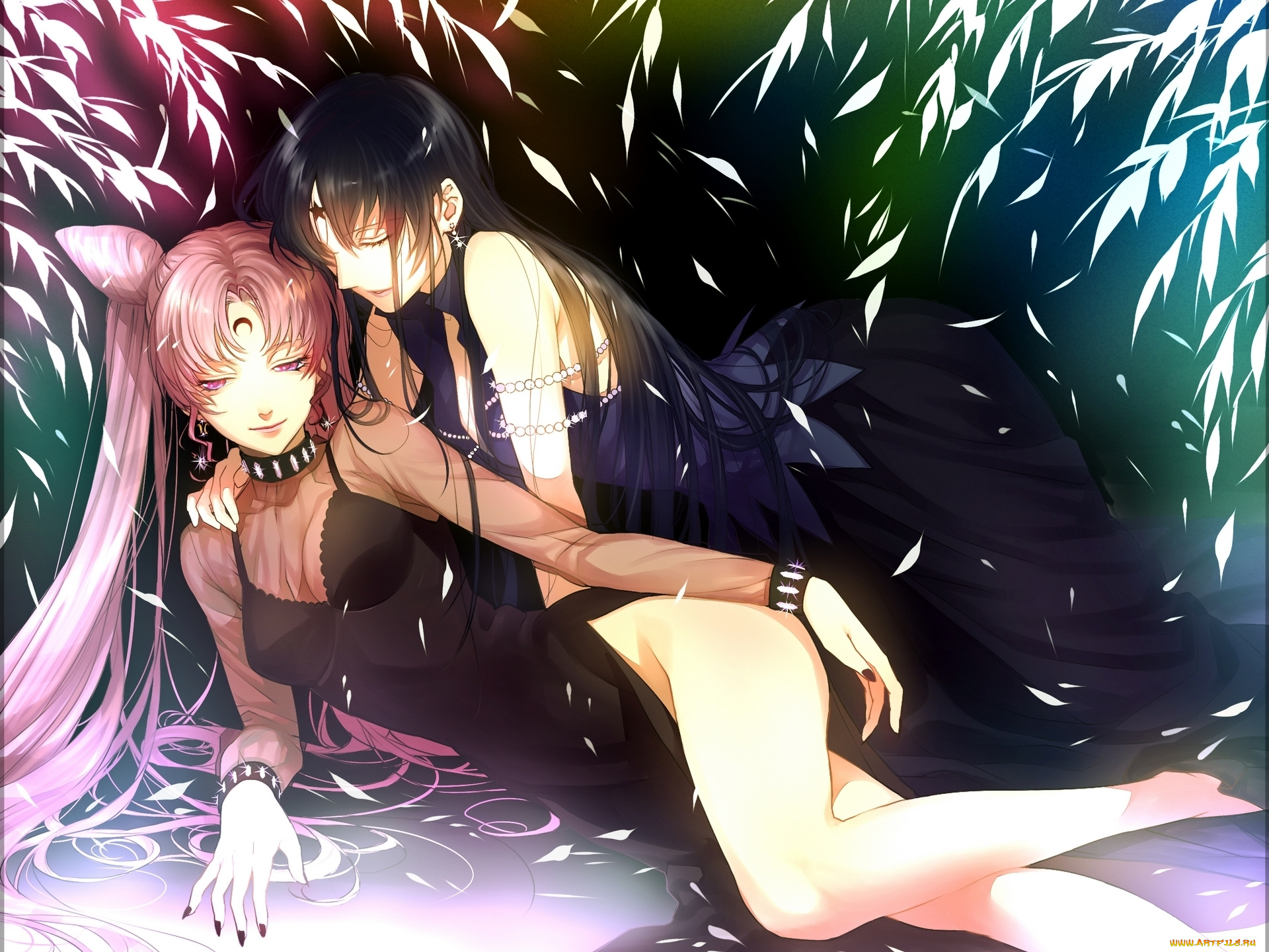 аниме, sailor, moon, bishoujo, senshi, sailor, moon, сережки, лак, закрытые, глаза, две, девушки, платье, длинные, волосы, black, lady, chibiusa, tomoe, hotaru