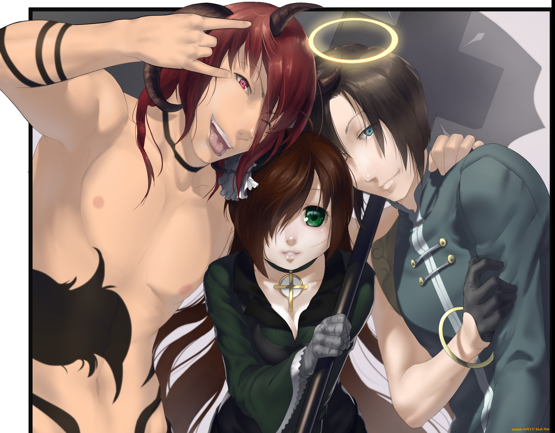 аниме, ангелы, , демоны, трио, демон, ангел, девушка, парни