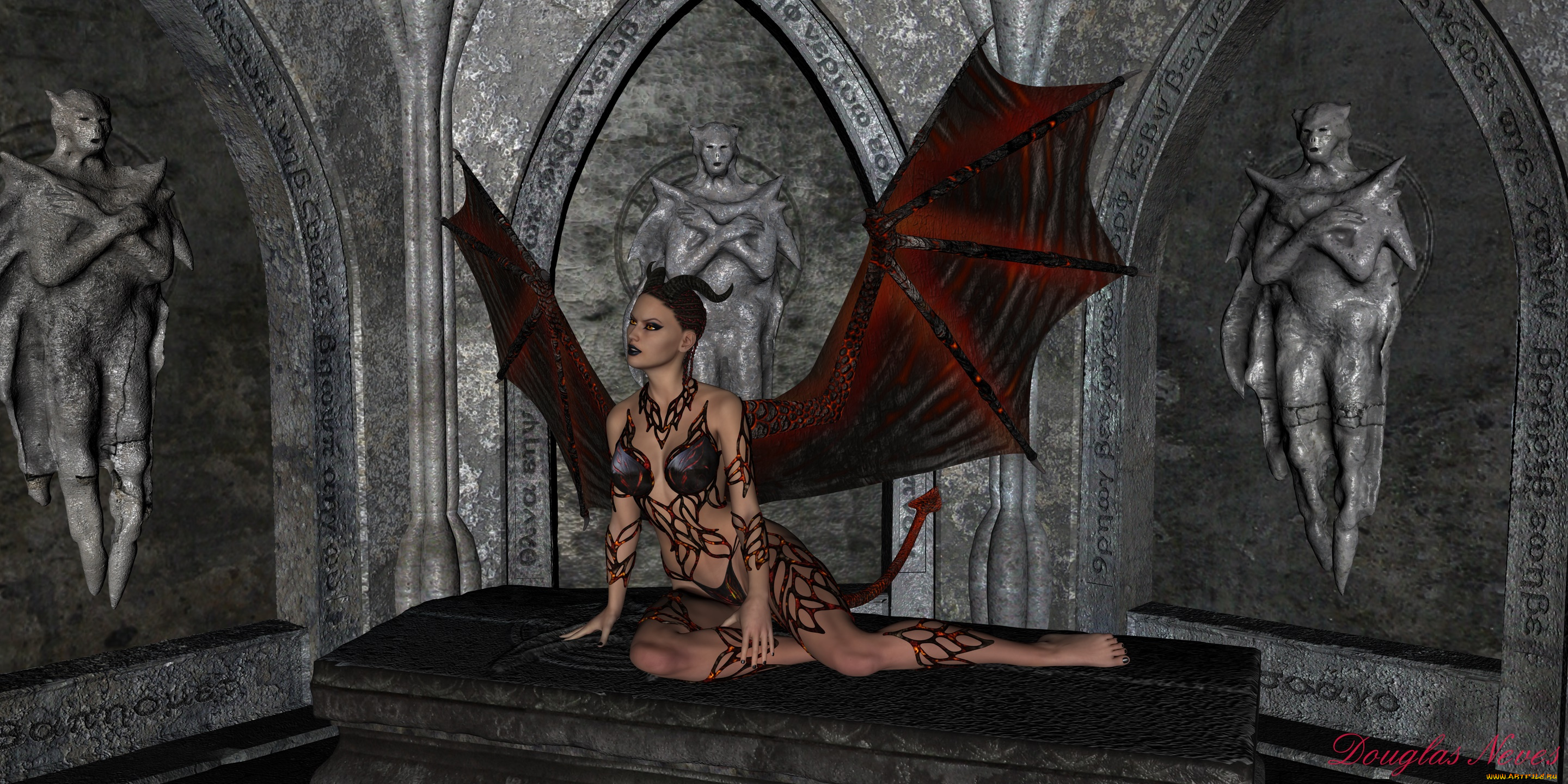 3д, графика, существа, , creatures, демон, девушка, взгляд, фон