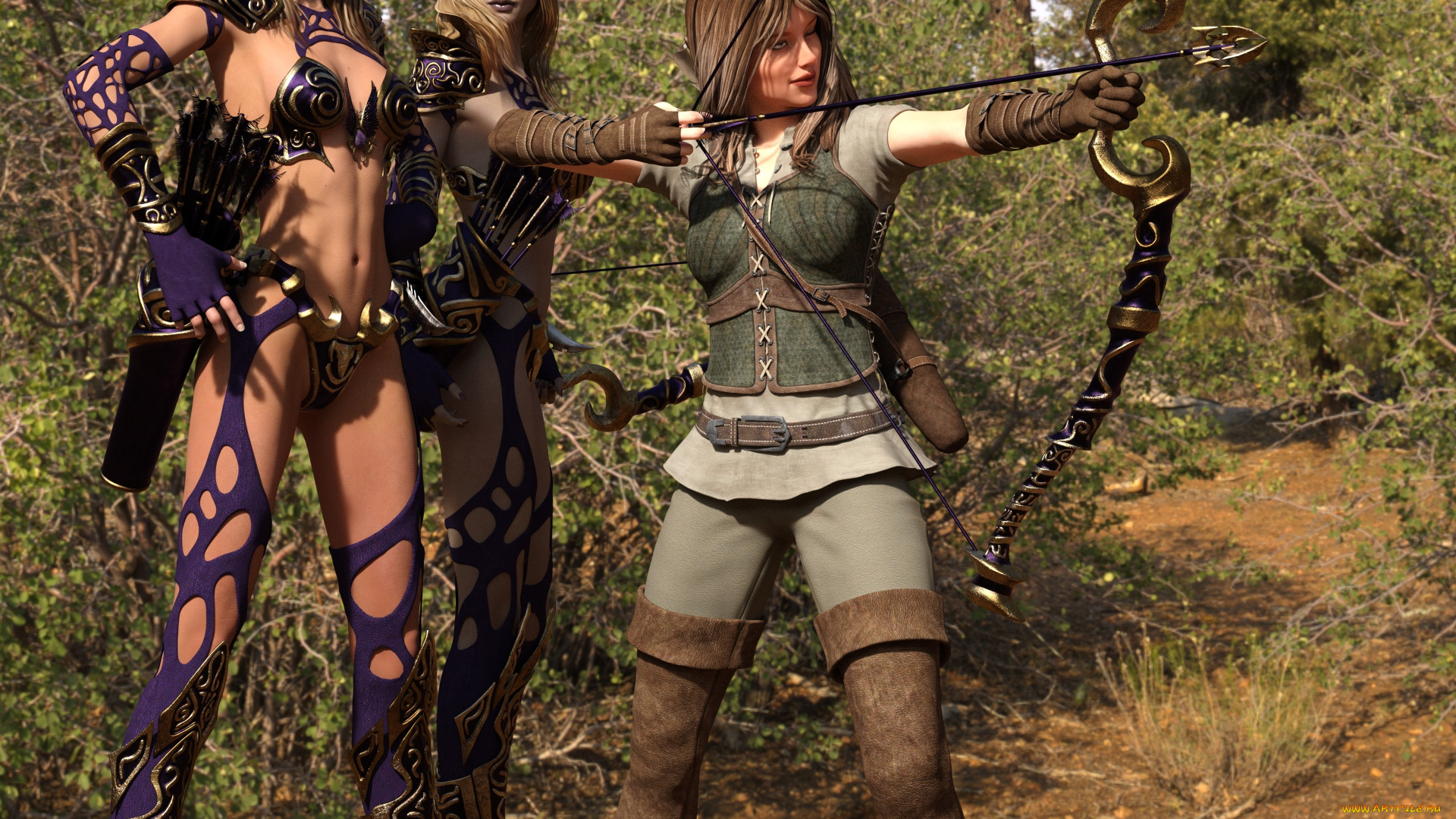 3д, графика, эльфы, , elves, фон, эльфийки, взгляд