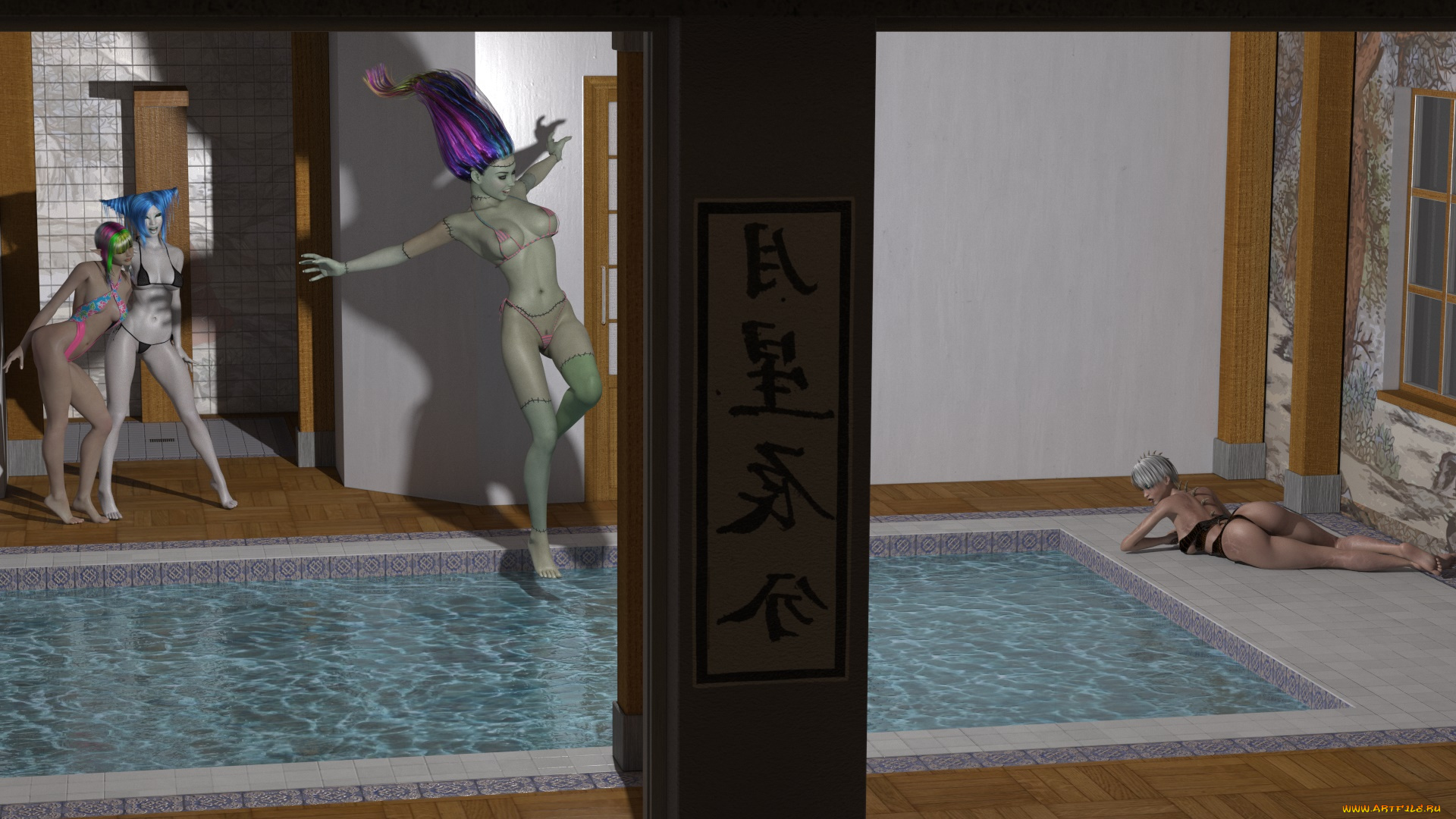 3д, графика, эльфы, , elves, фон, взгляд, эльфийки, бассейн