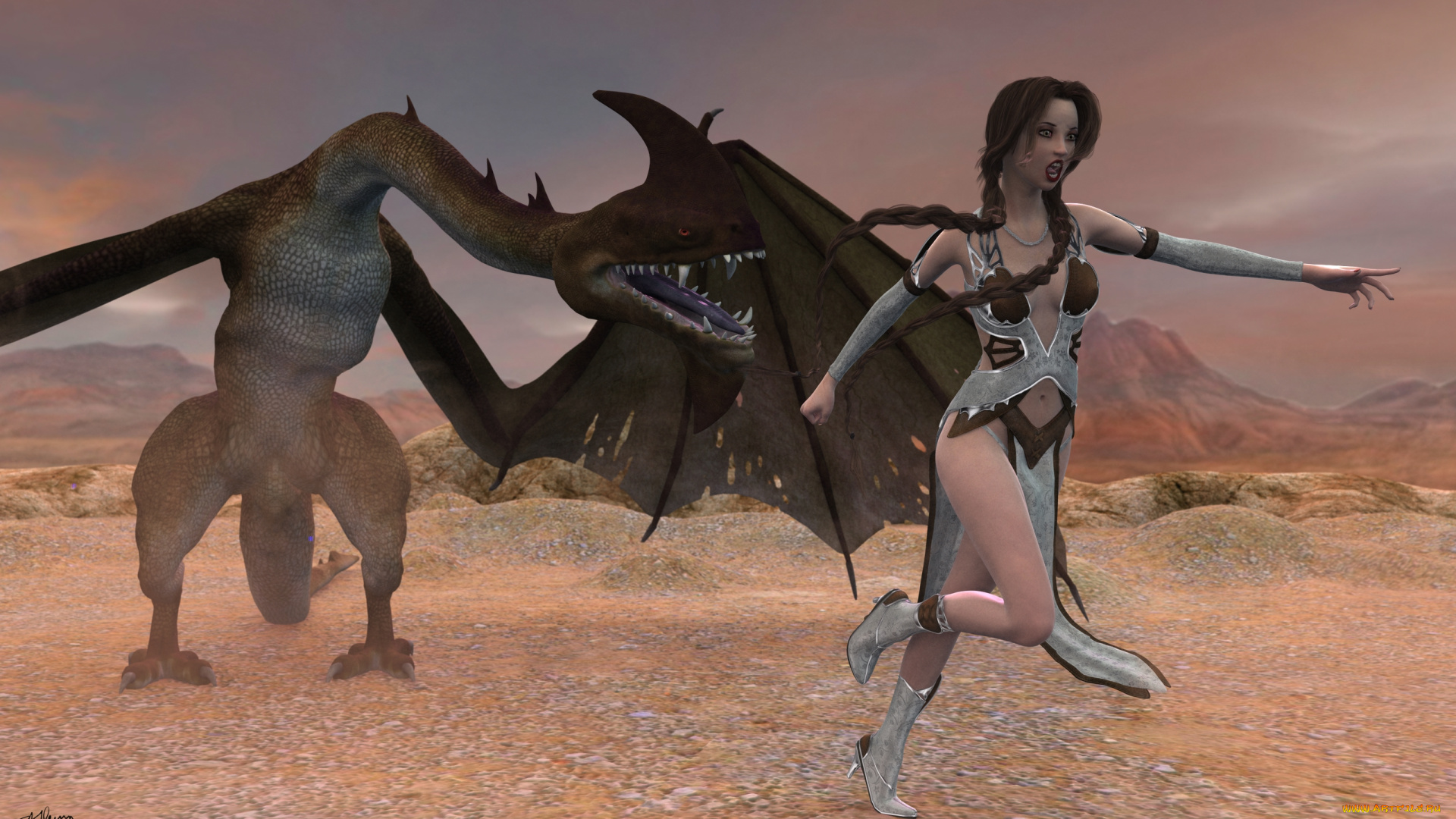 3д, графика, фантазия, , fantasy, дракон, фон, взгляд, девушка